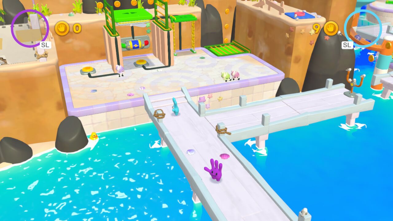 Screenshot from All Hands On Deck. 2 player characters stand on a raised walkway above a body of water.