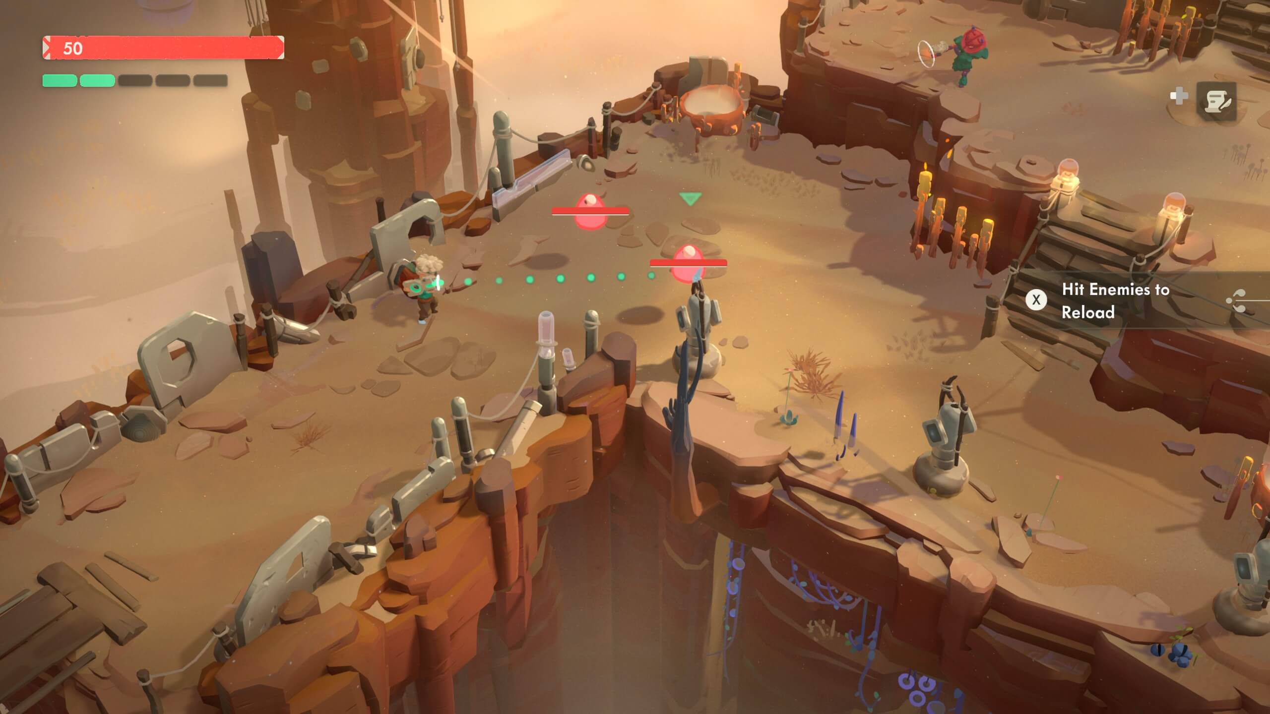 A screenshot from the game Moonlighter 2. It shows a gun being pointed at a slime creature.