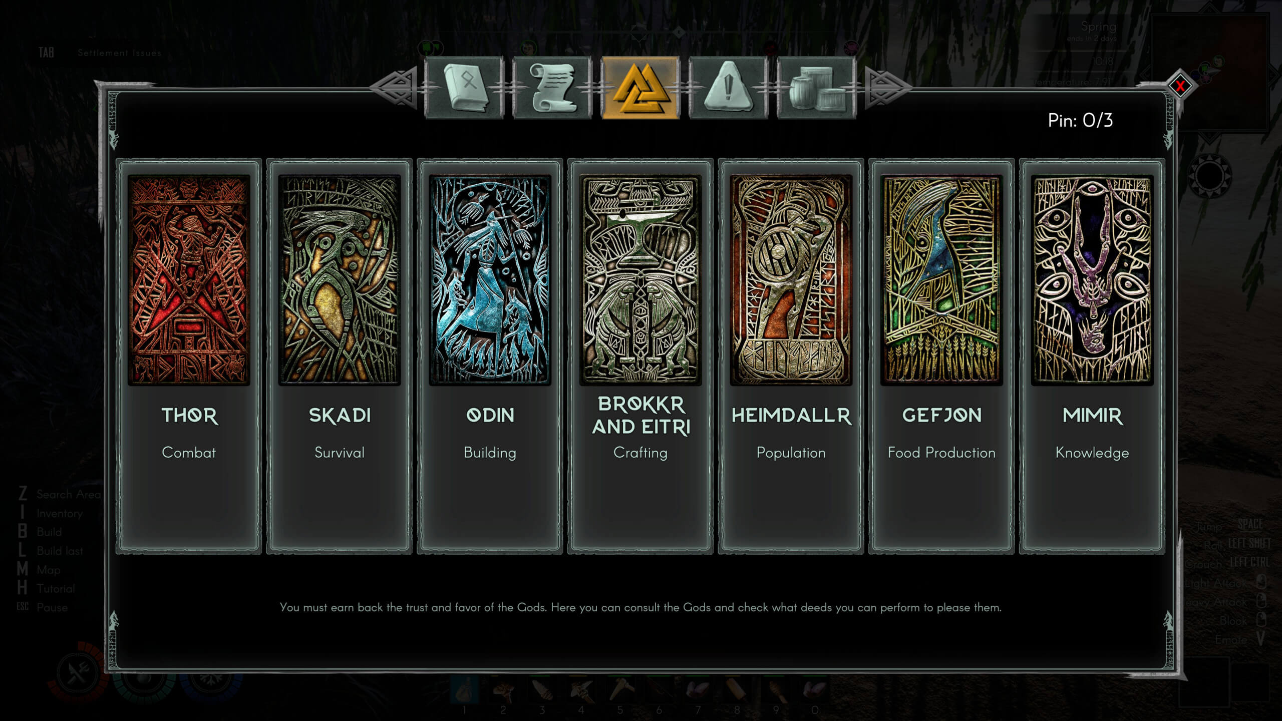 A game interface displaying Norse gods with titles and roles: Thor (Combat), Skadi (Survival), Odin (Building), and more, instructing players on tasks.