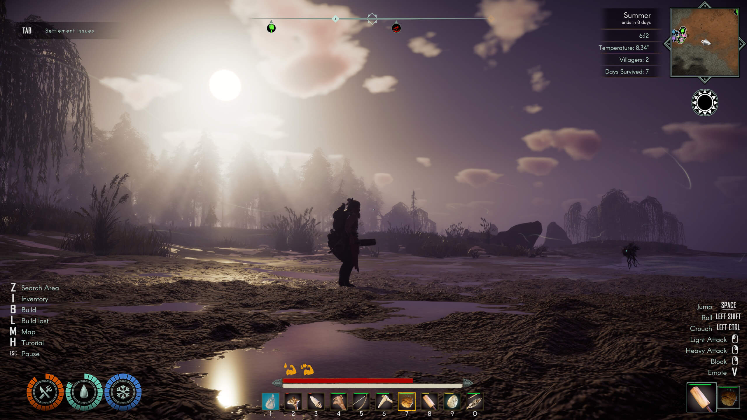 A silhouette of a character stands in a misty landscape under a bright sun, surrounded by trees and grass, with game stats visible.
