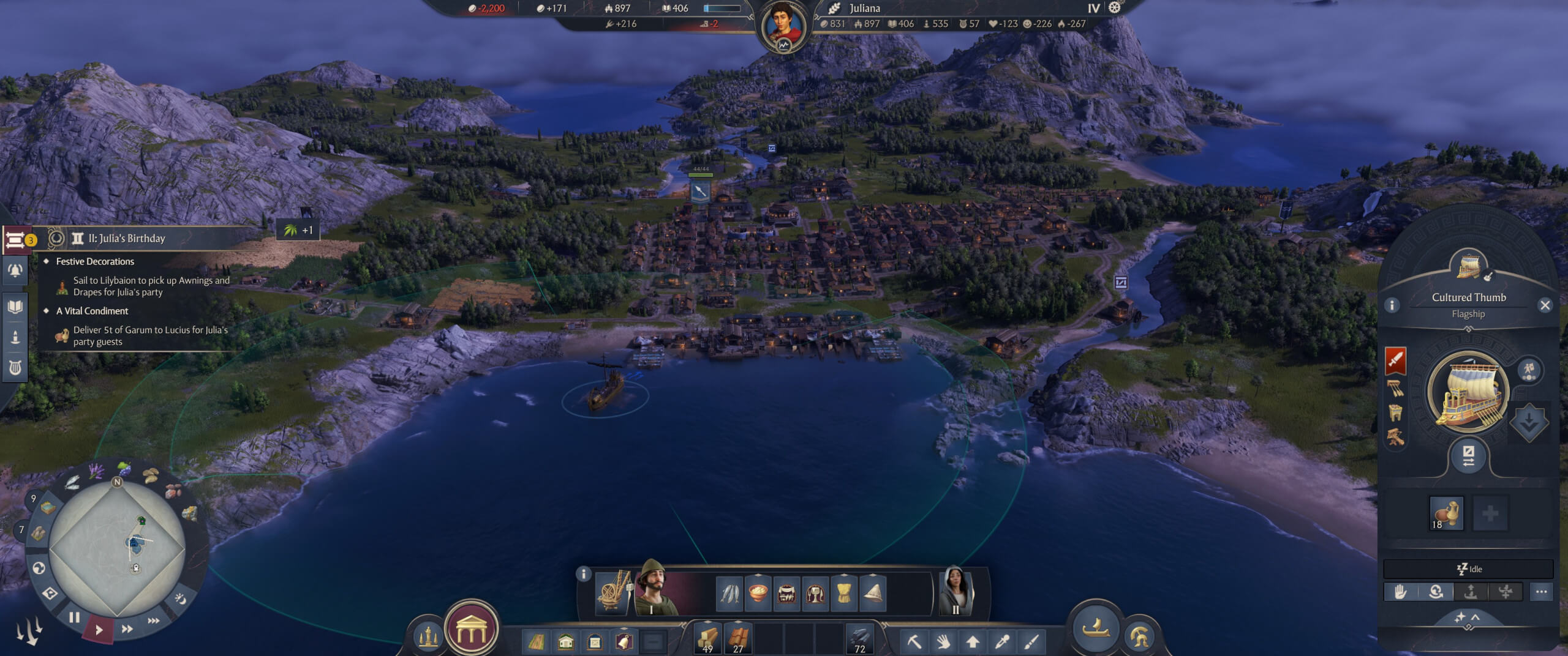 A scenic view of a coastal town with mountains, a ship, and a detailed interface displaying quests and resources for Julia's birthday celebration.