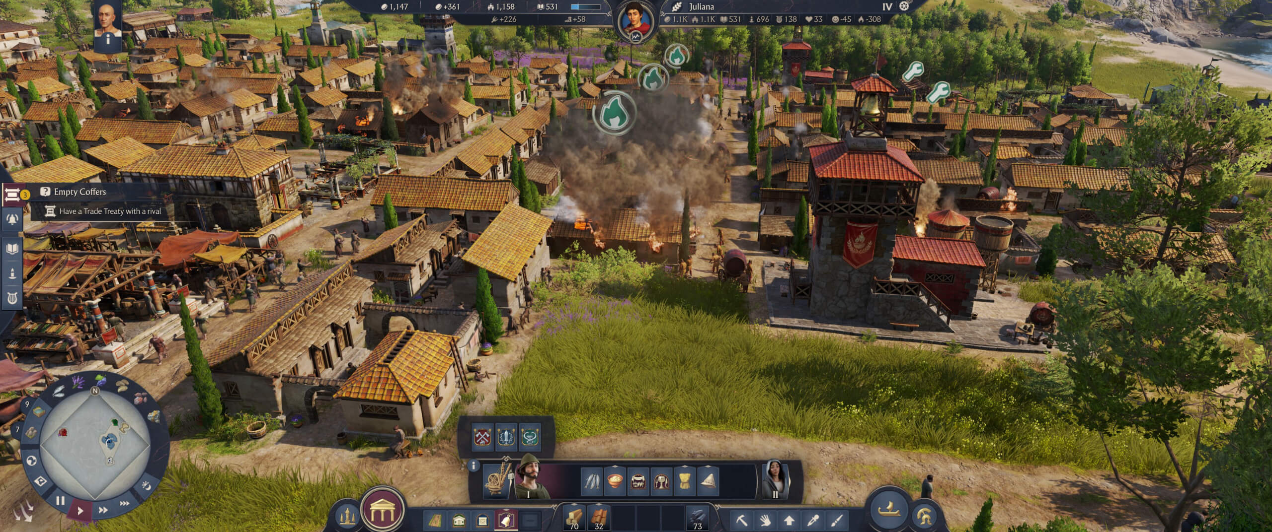 A bustling town with various buildings, smoke rising from multiple locations, and townspeople engaged in activities amid green fields.