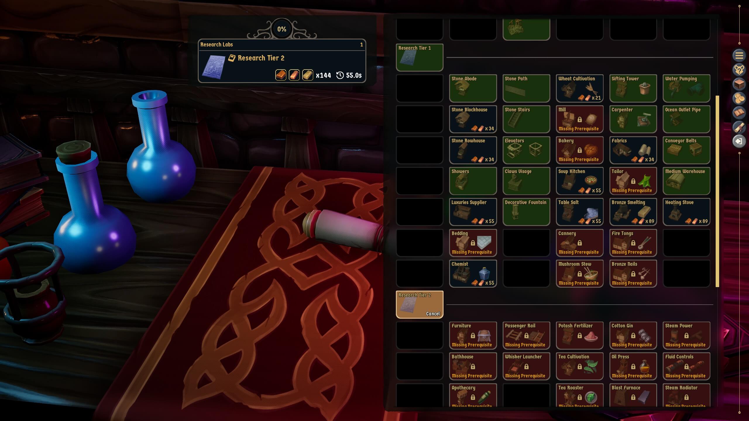 Whiskerwood's research tree. Some nodes are unlocked and marked in green