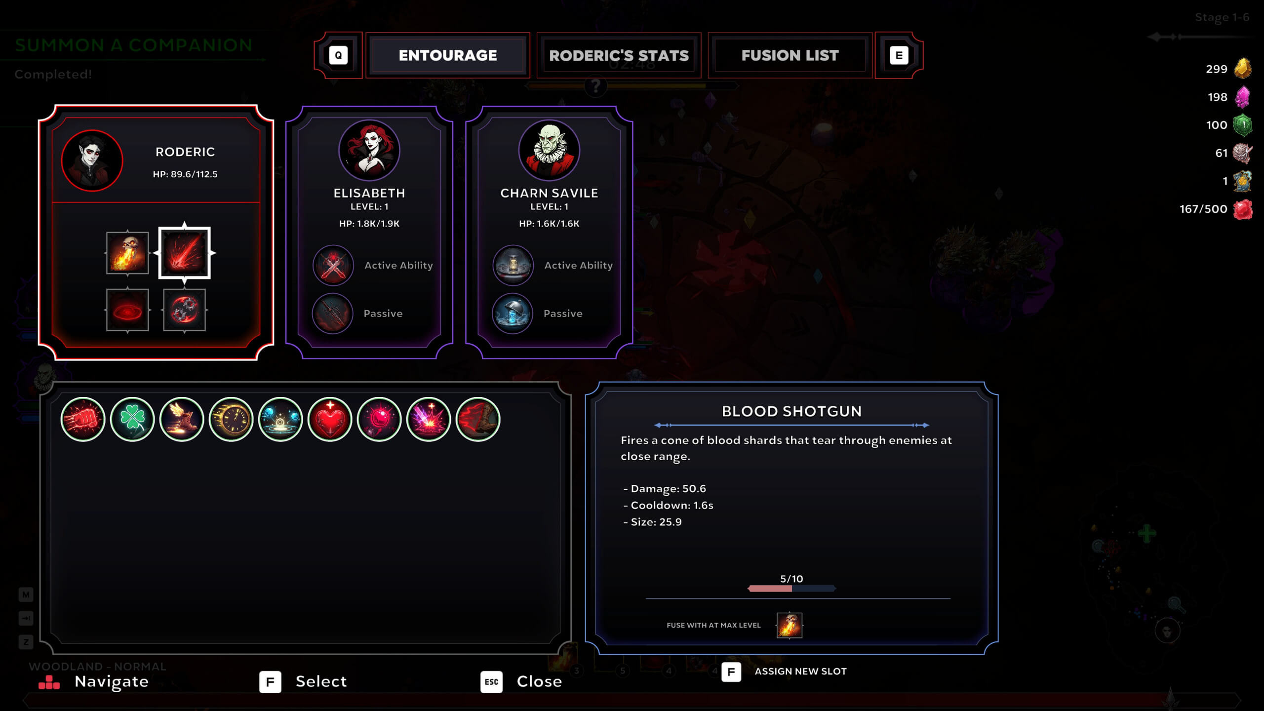 Screenshot from Night Swarm. Game interface displaying character stats, abilities, and the "Blood Shotgun" skill details. Colourful icons represent items and skills.