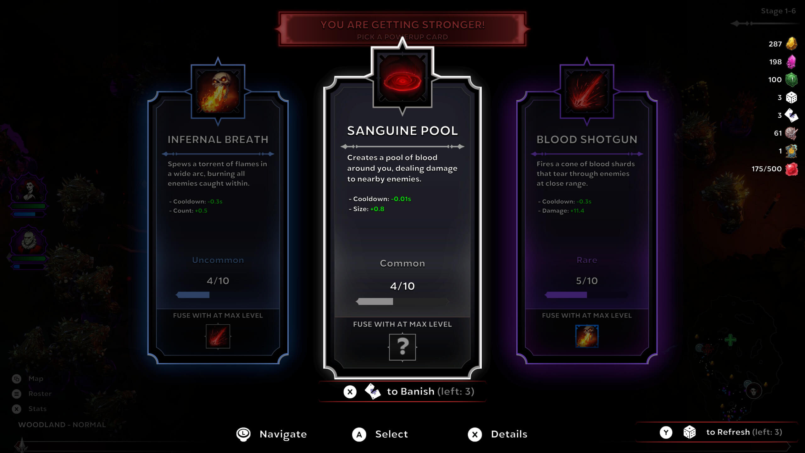 Screenshot from Night Swarm. Power-up card selection interface showcasing three abilities: Infernal Breath, Sanguine Pool, and Blood Shotgun, with stats displayed.