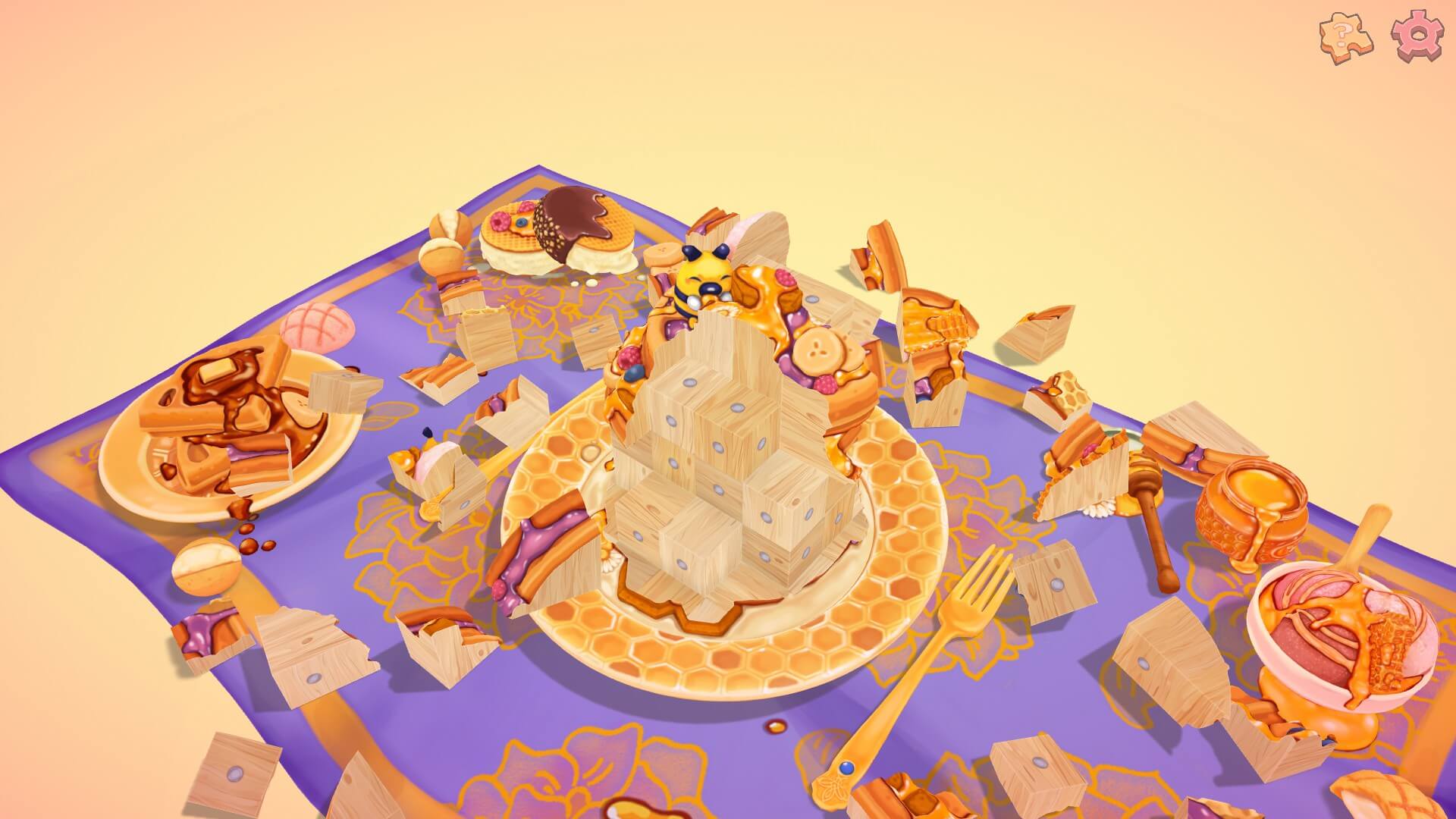 An unfinished puzzle which is themed around bumblebees, there are also bees themed food scattered around the main dessert. Loads of pieces are around the base of the puzzle.