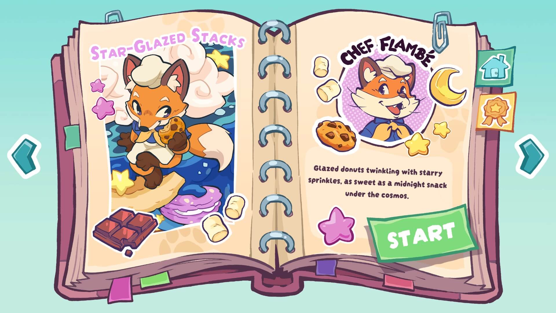 A well decorated page in a book, that displays the levels' chef, and theme. This one's theme is based on space, with the chef being a fox, called Flambé.