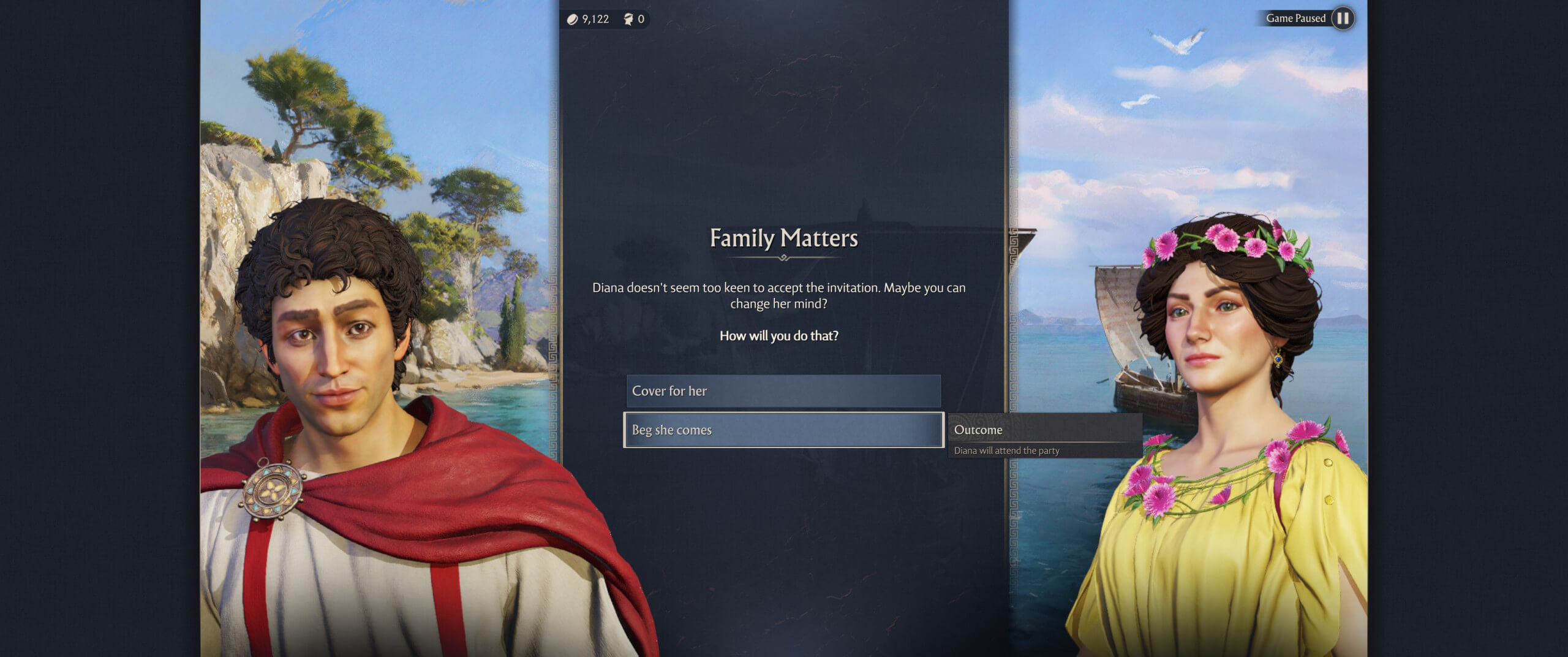 A gaming interface titled "Family Matters," featuring options to persuade a character named Diana to attend an event, with a scenic backdrop.