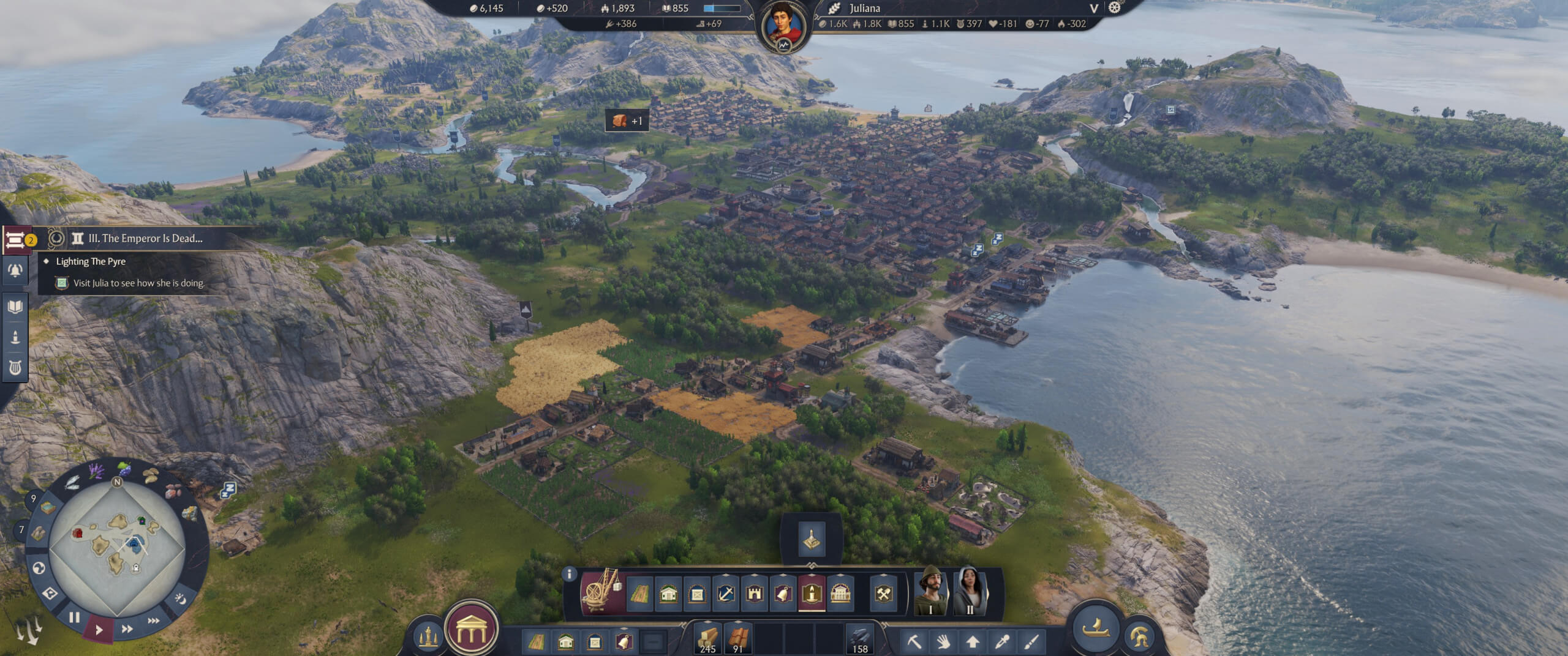 A coastal city with clustered buildings, farmland, and docks, shown from an elevated viewpoint in a city-building video game interface.