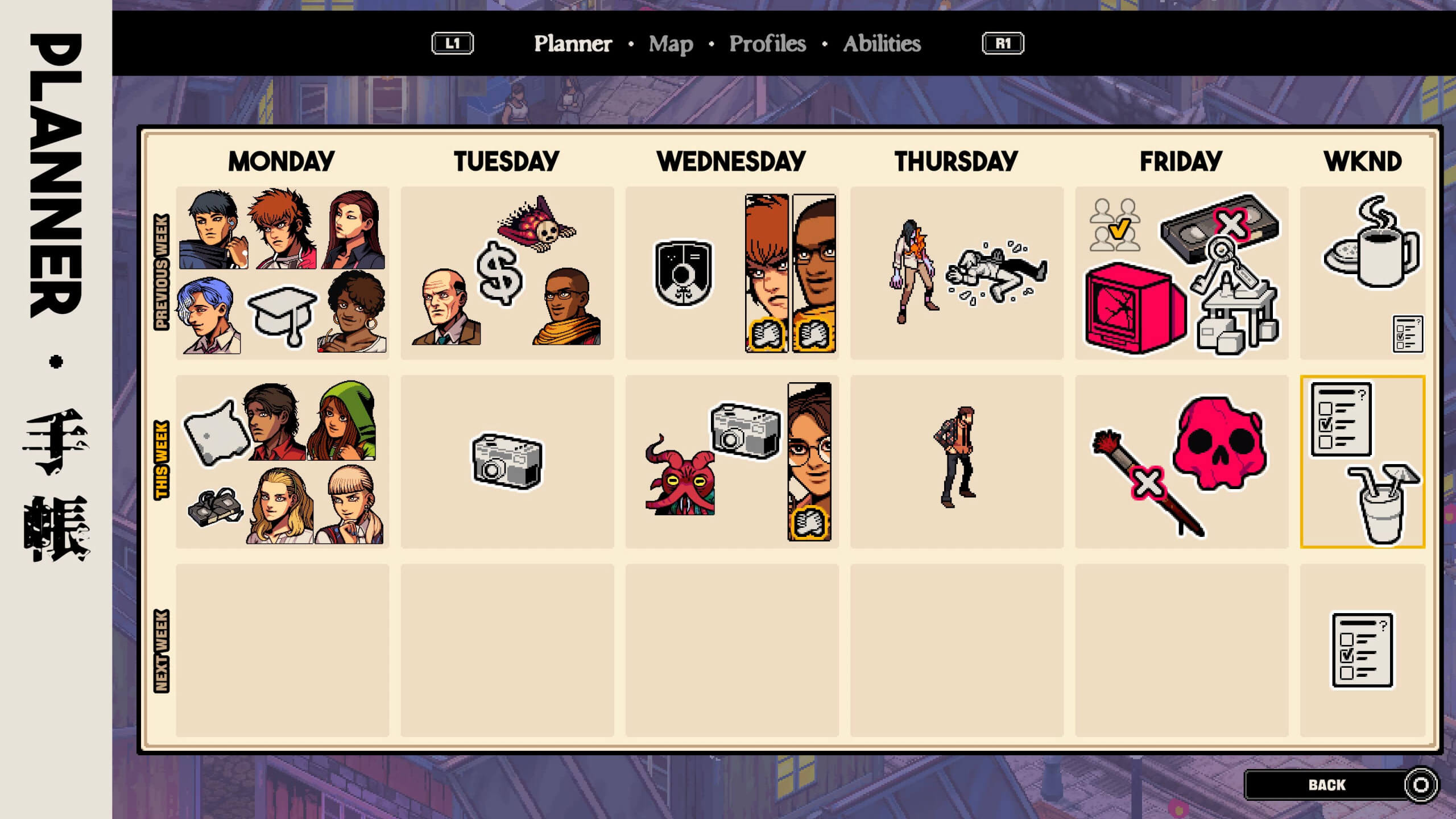 Screenshot from Demonschool. A calendar screen displaying the previous, current and next week of in-game time. Events that have happened are depicted with stickers, affixed into spaces representing each day of each week. Stickers include character portraits various event icons.