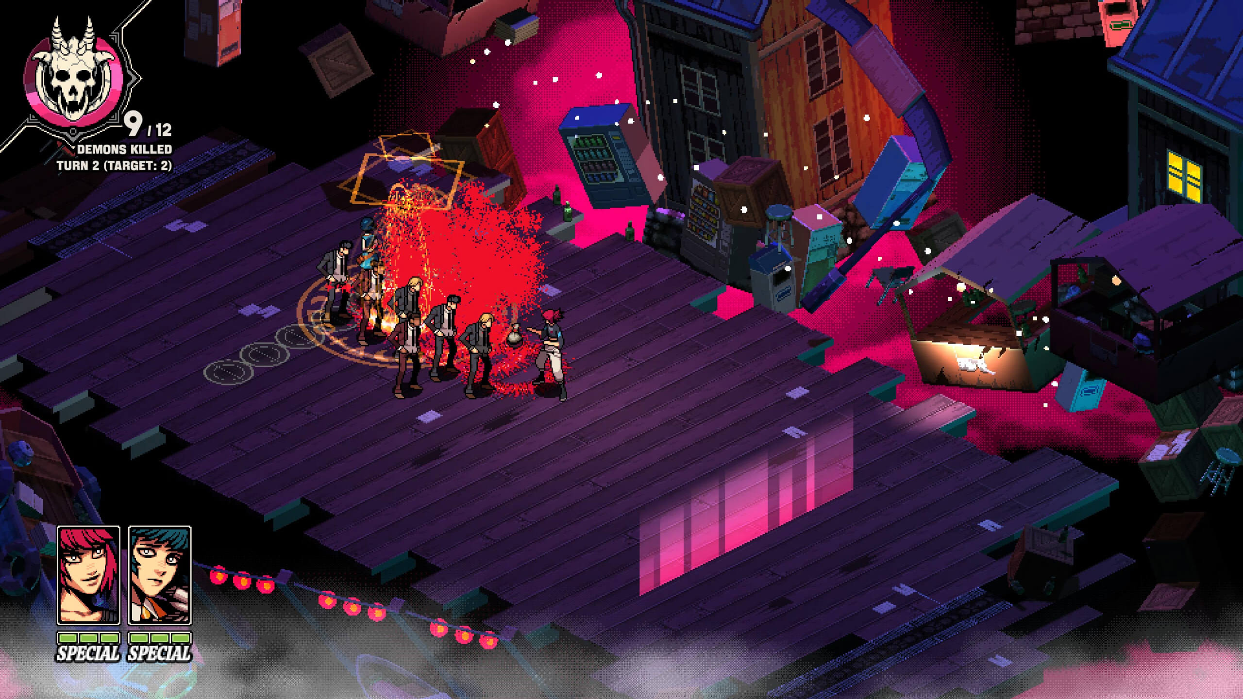 Screenshot from Demonschool. Several enemies explode in a fountain of bright, red blood during a battle.