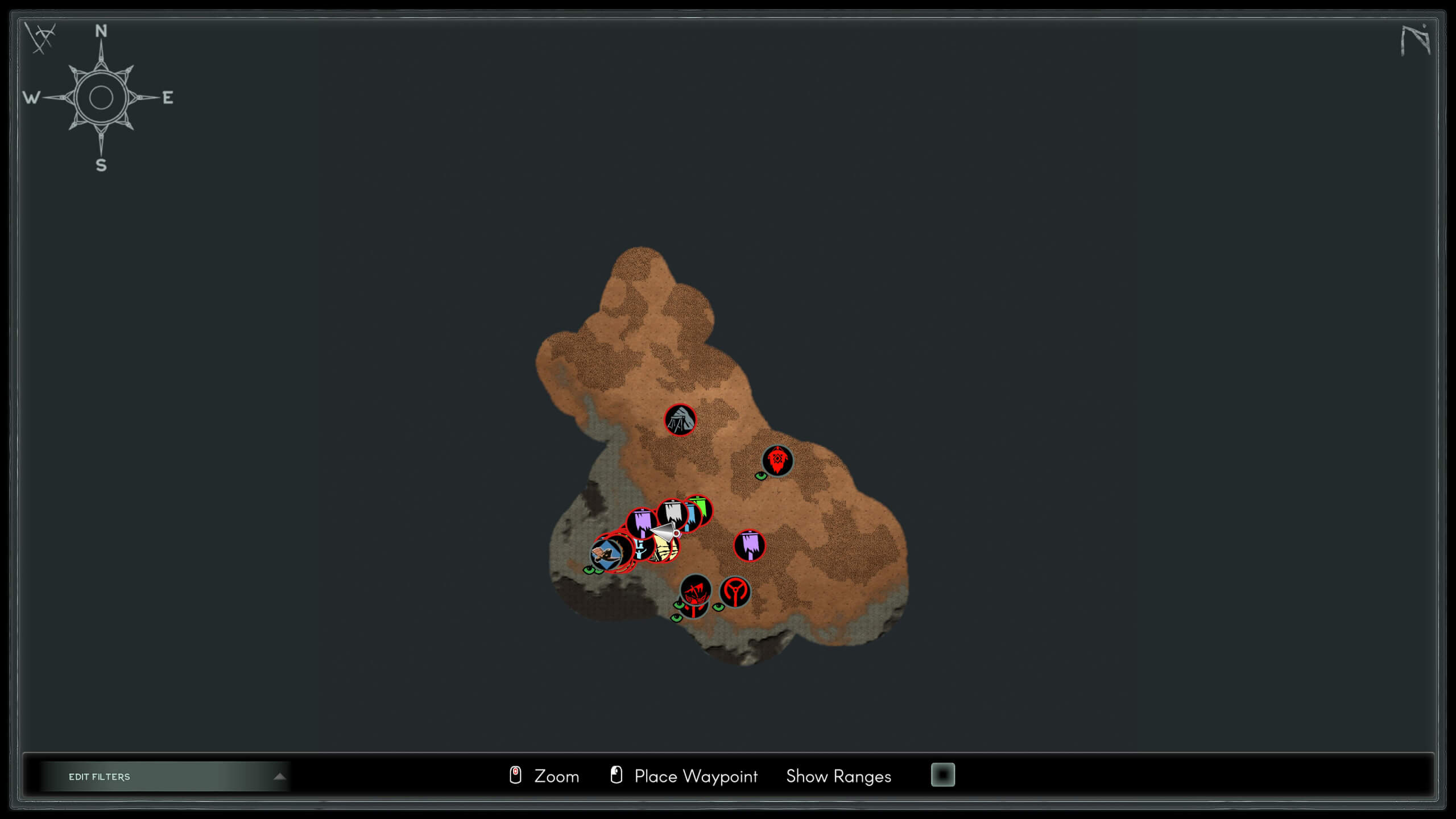 Map showing a detailed terrain with markers indicating locations of interest or events, compass orientation in the upper left.