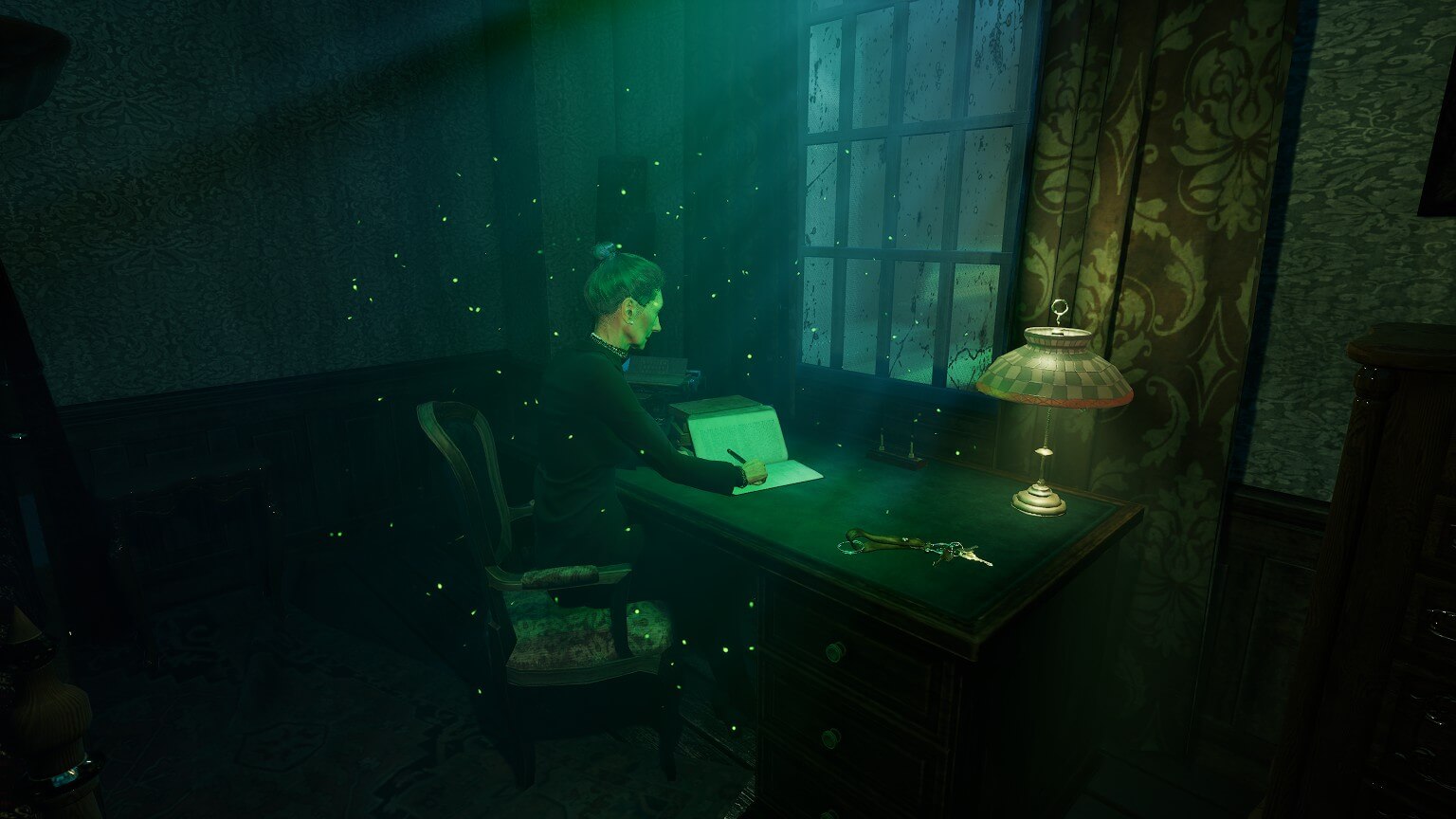 An elderly lady sat behind an oak desk writing in a journal, the light from the window illuminates her face. Green particles are shown around her to indicate that it is a memory.