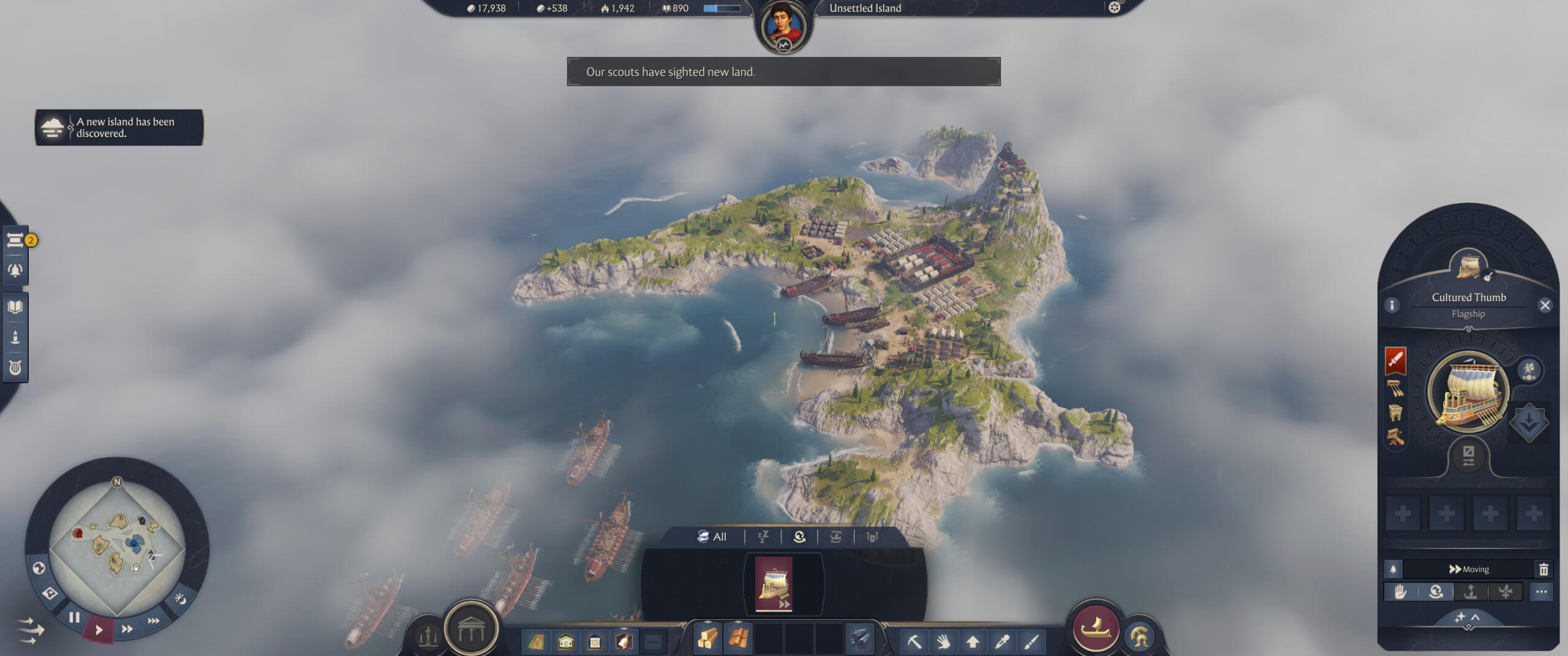 Aerial view of an island with settlements and ships in a maritime-themed game, shrouded in clouds and accompanied by a map interface.