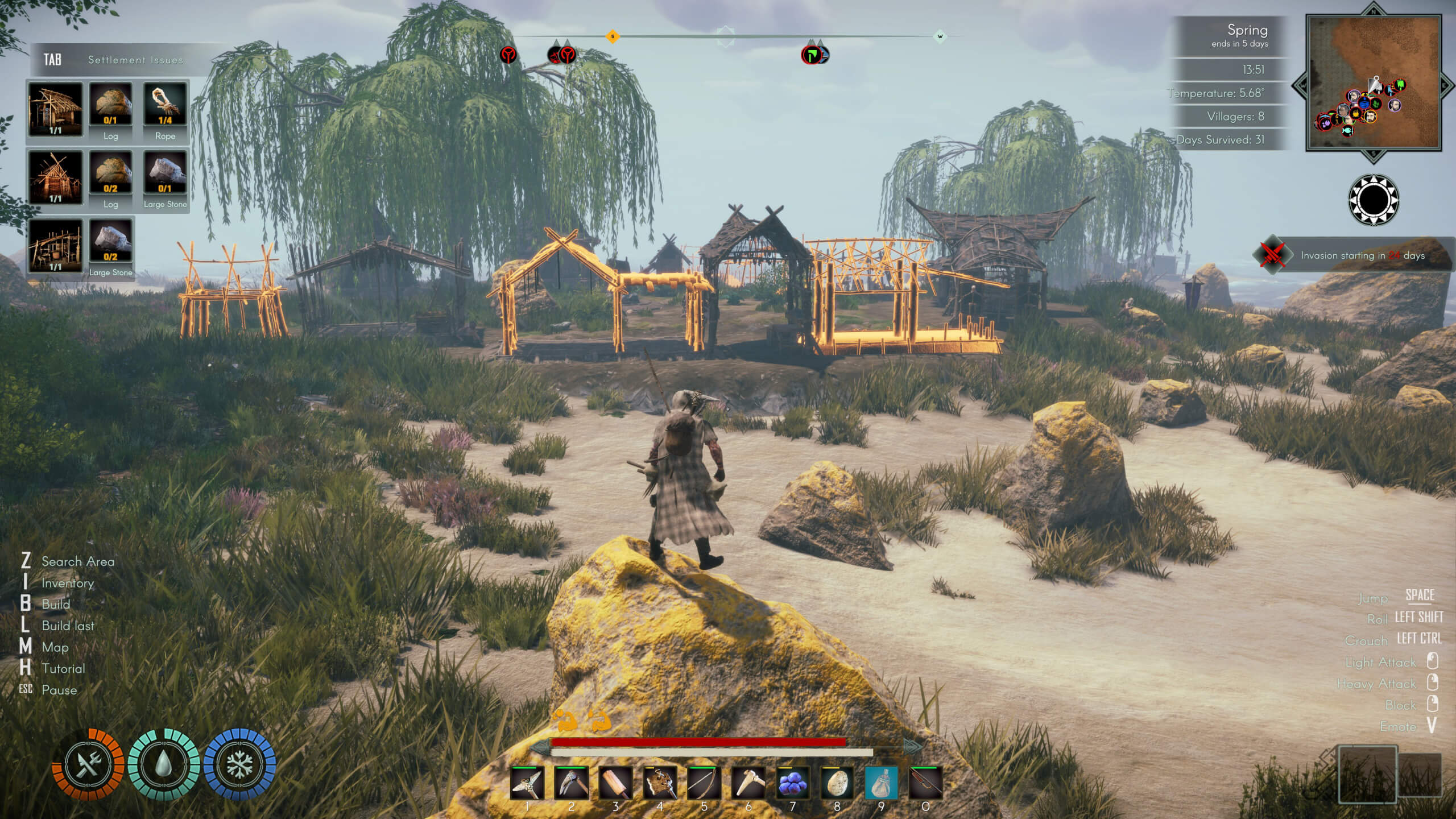 A character stands on a rock overlooking a developing settlement of wooden structures amid lush greenery under a cloudy sky.