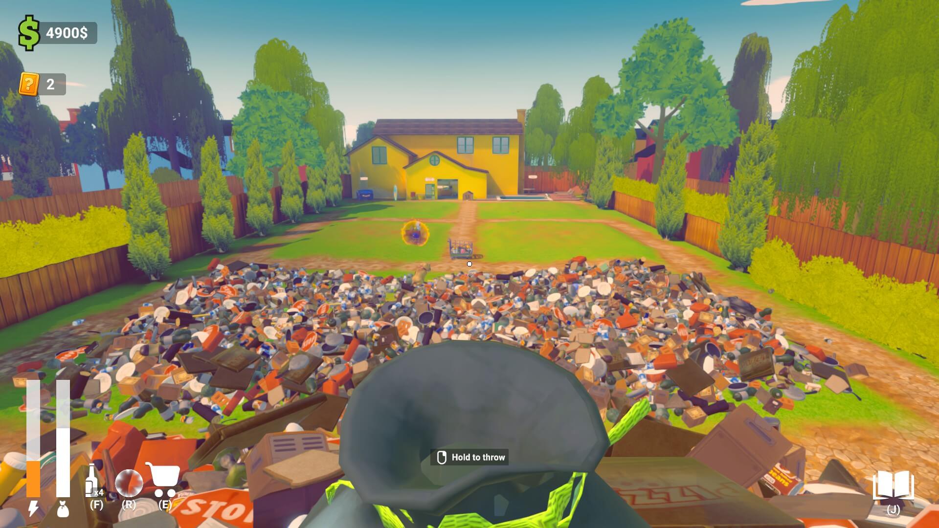 The player is holding a bag and is stood atop a trash pile. I front are two smaller piles of trash and further in the distance is a yellow house.