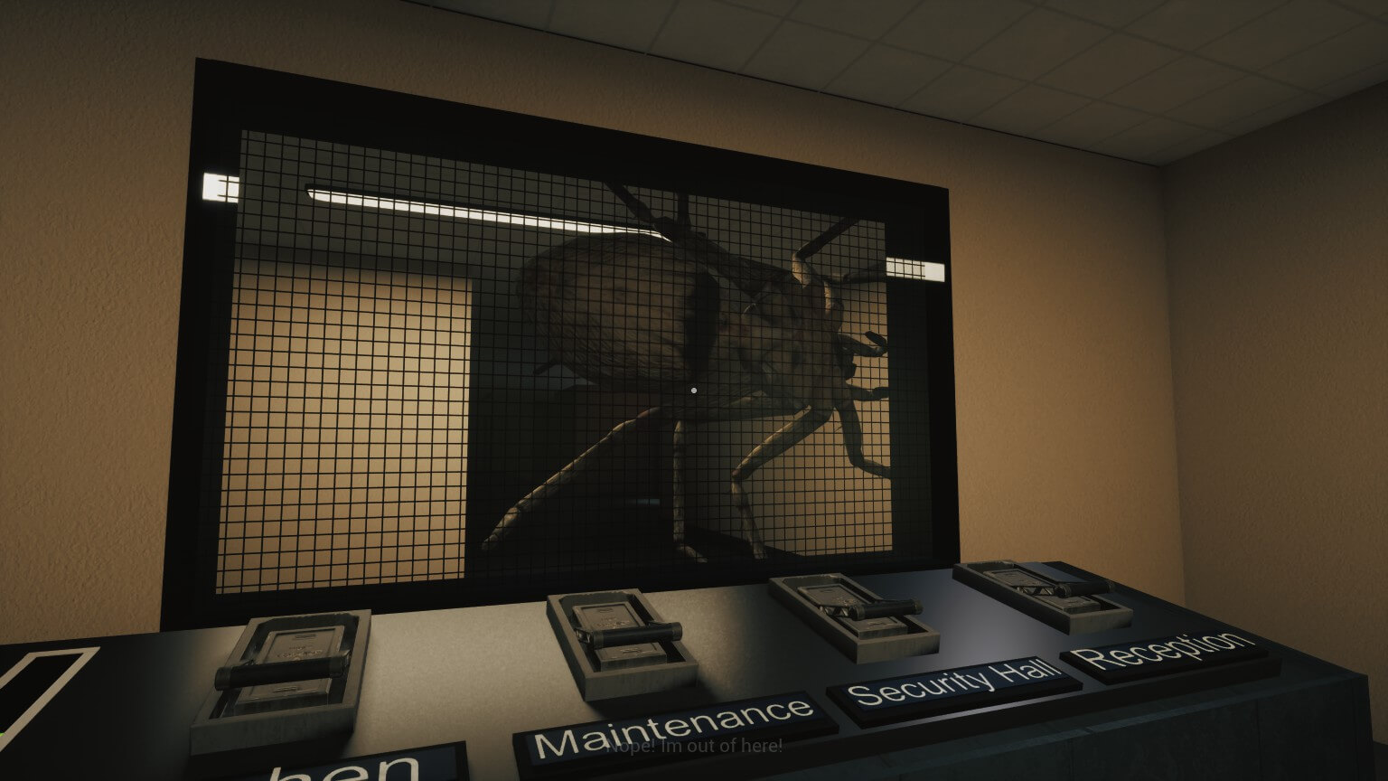 A glass window has a large brown spider stuck to it, not facing the player. Below are four switches, with three having visible labels. 