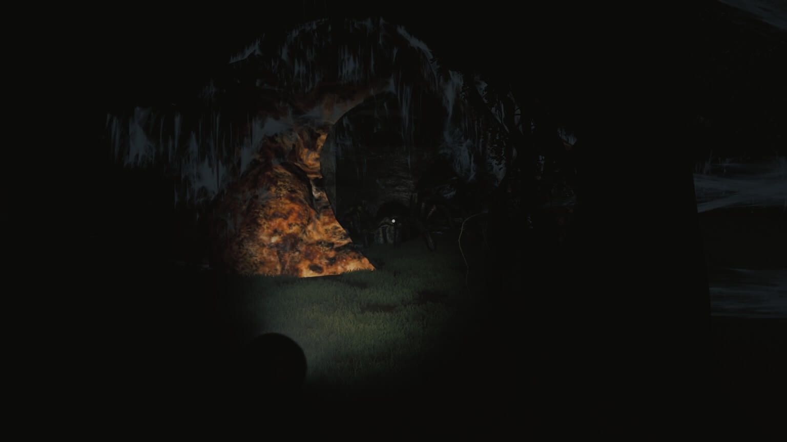 A torch is shining on a nest that hides a spider. Although barely visible, there are cobwebs dangling around. 