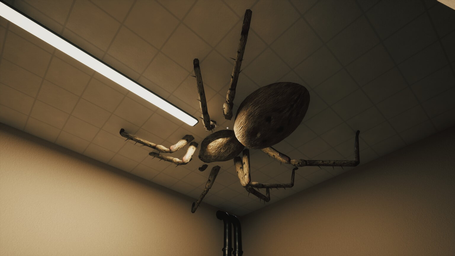 a large spider is clipping through the texture of the ceiling. 