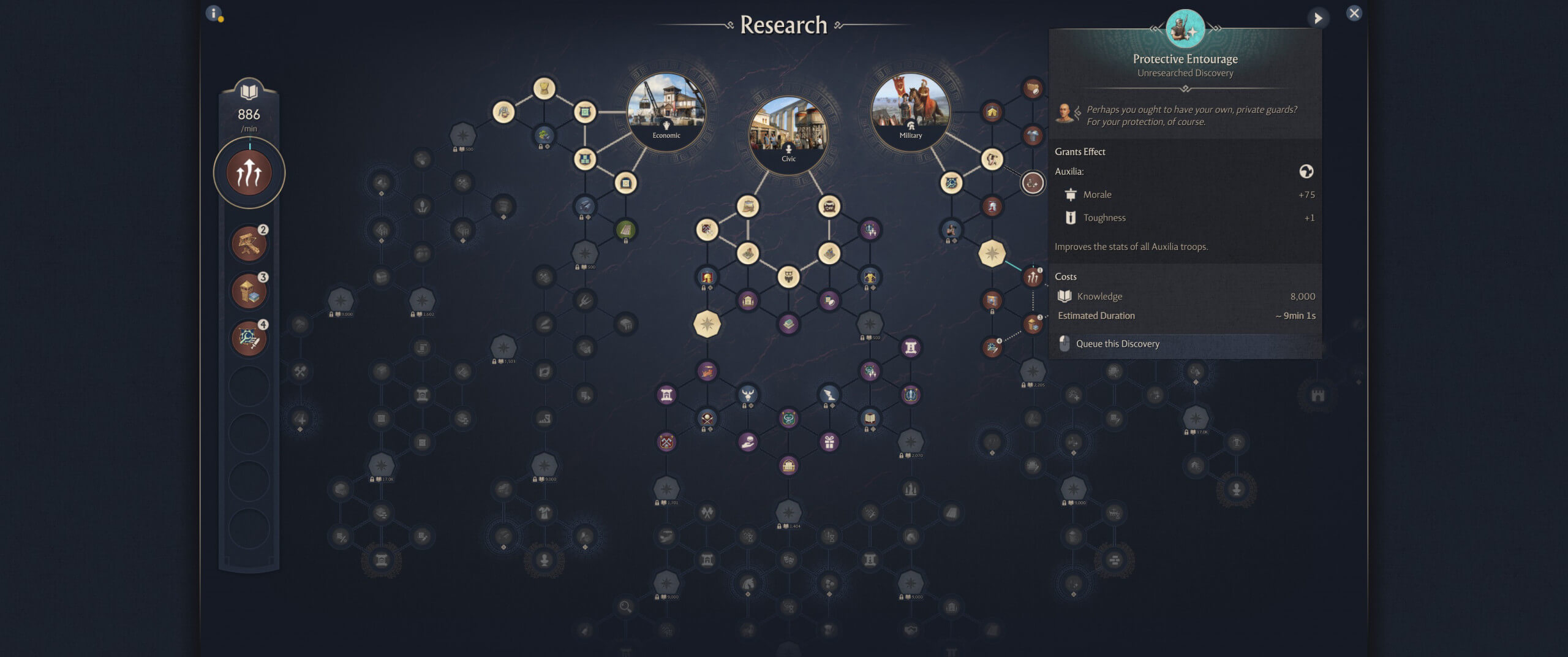 A technology research tree is displayed on a dark interface, showing interconnected nodes with images and icons representing different technology advancements and research options.