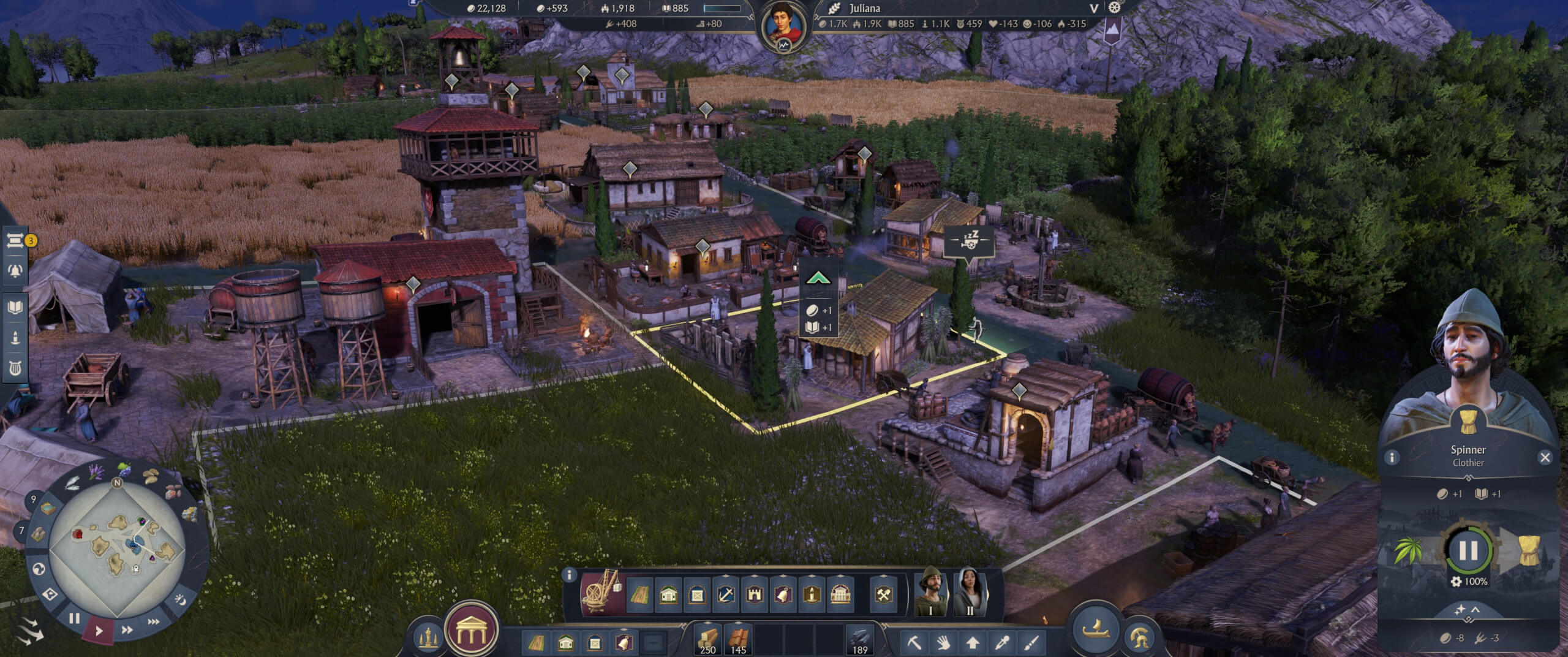 A scenic view of a village at dusk, featuring various buildings, water tanks, and pathways surrounded by fields and trees.