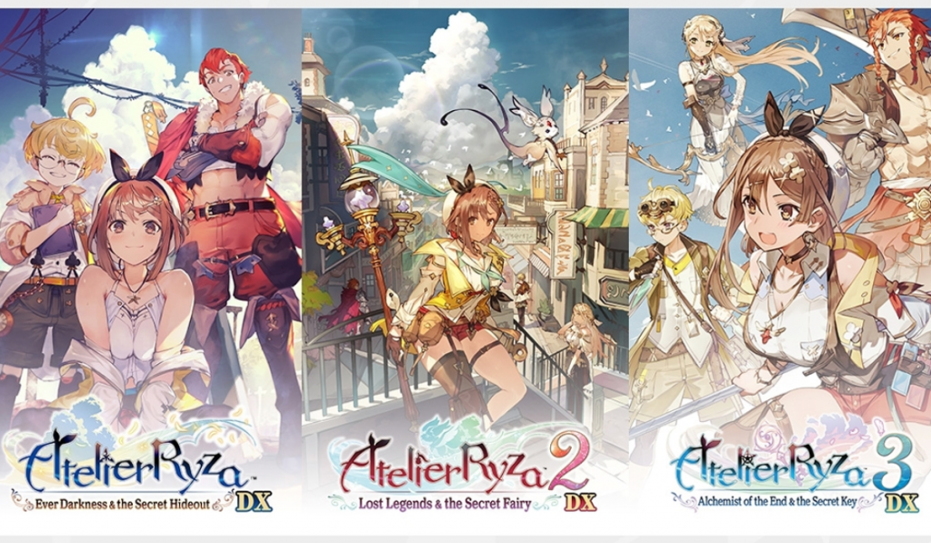 Key art for the Atelier Ryza Secret Trilogy featuring a collage of key art from the 3 titles included in the collection.