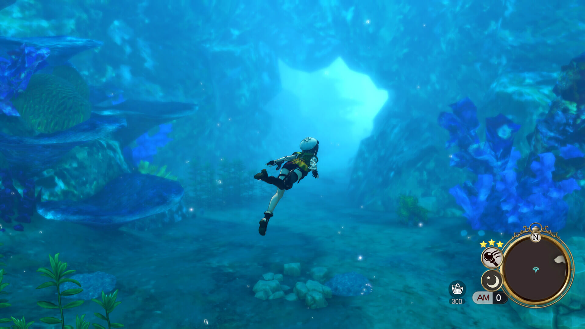 Ryza swims through an underwater cave system.