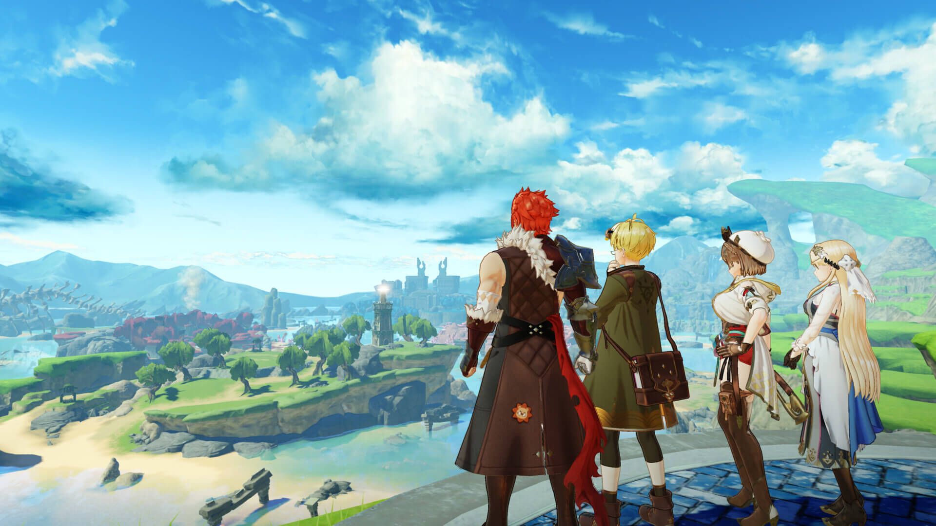 Four characters stand atop a ruin, overlooking a small beach and grasslands.