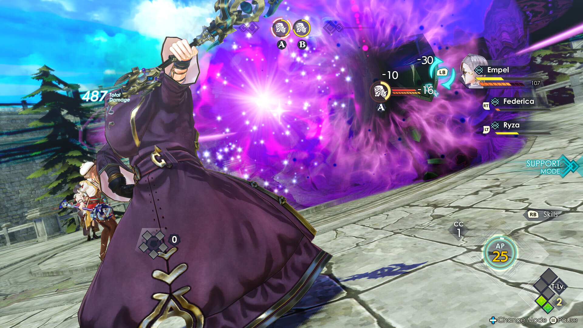 Empel unleashes a powerful sword attack, cloaking enemies in a purple vortex.