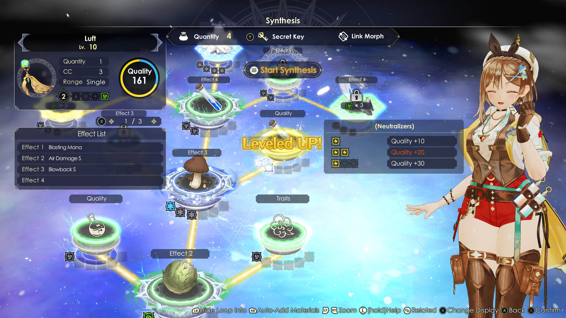Ryza stands to the side of the synthesis menu, with a view of the galaxy in the background.