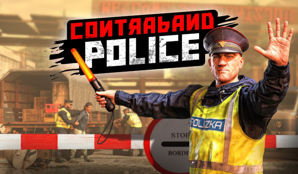 This image shows the name of the game 'Contraband Police' with a Police Officer holding his hand up to say 'stop'.