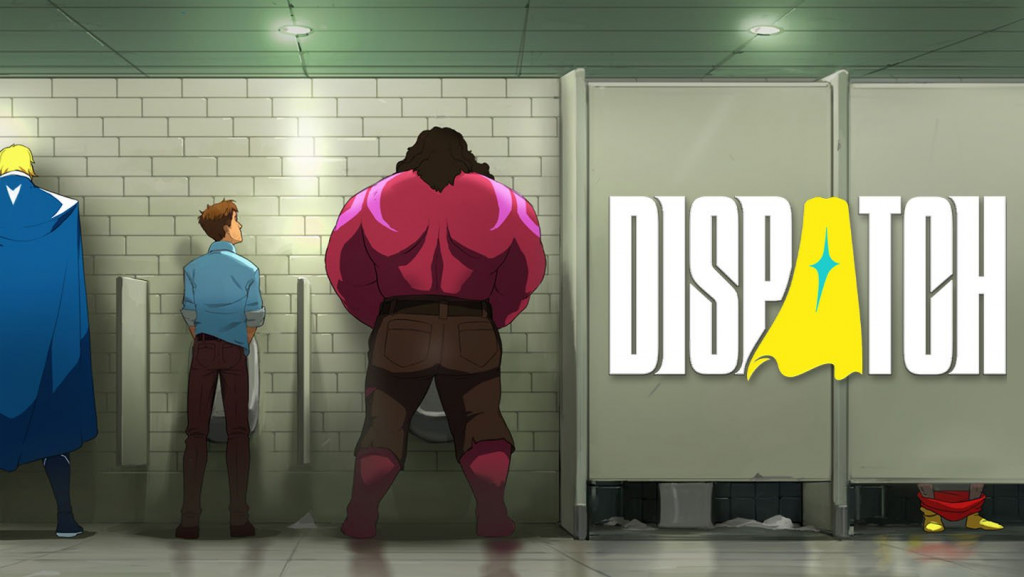Three characters use urinals in a quirky animated bathroom scene, with the title "DISPATCH" prominently displayed.