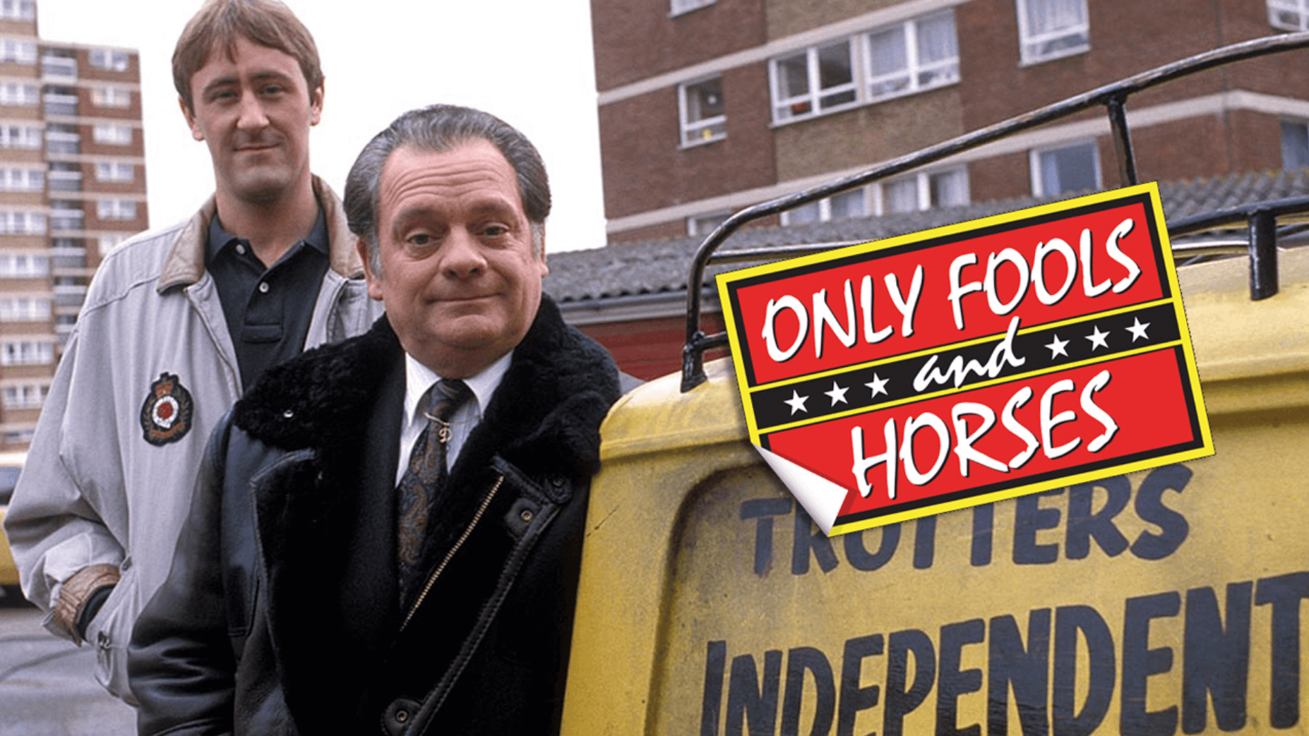 Two men stand in front of a yellow van with "Trotters Independent" on it. The "Only Fools and Horses" logo is displayed. The tone is humorous and casual.