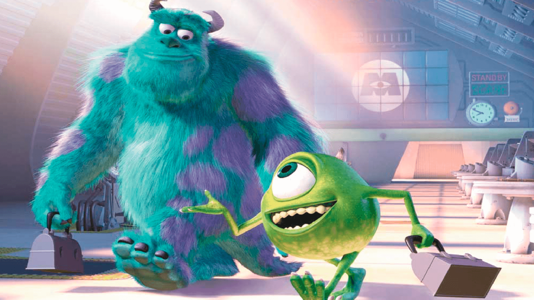 Two animated monsters walk through an industrial hallway, carrying briefcases. The scene is bright and friendly, with a backdrop of lockers and machinery.