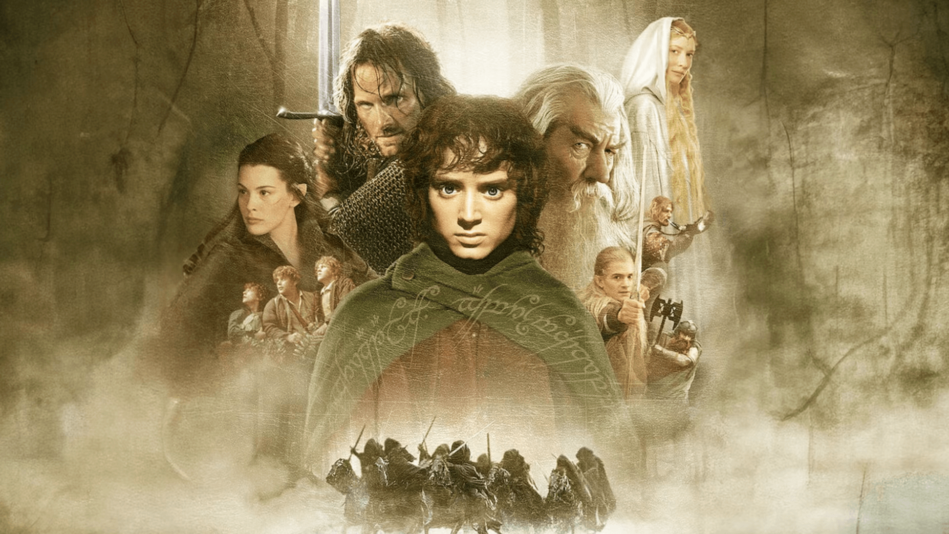 A group of characters stands together dramatically in a fantasy setting, with one central figure upfront and smaller figures below on horseback shrouded in mist.