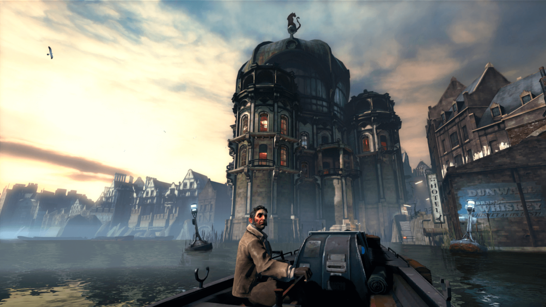 A man in a boat approaches a grand, ornately detailed building at dusk, reflecting on calm water. The scene exudes a mysterious and adventurous mood.