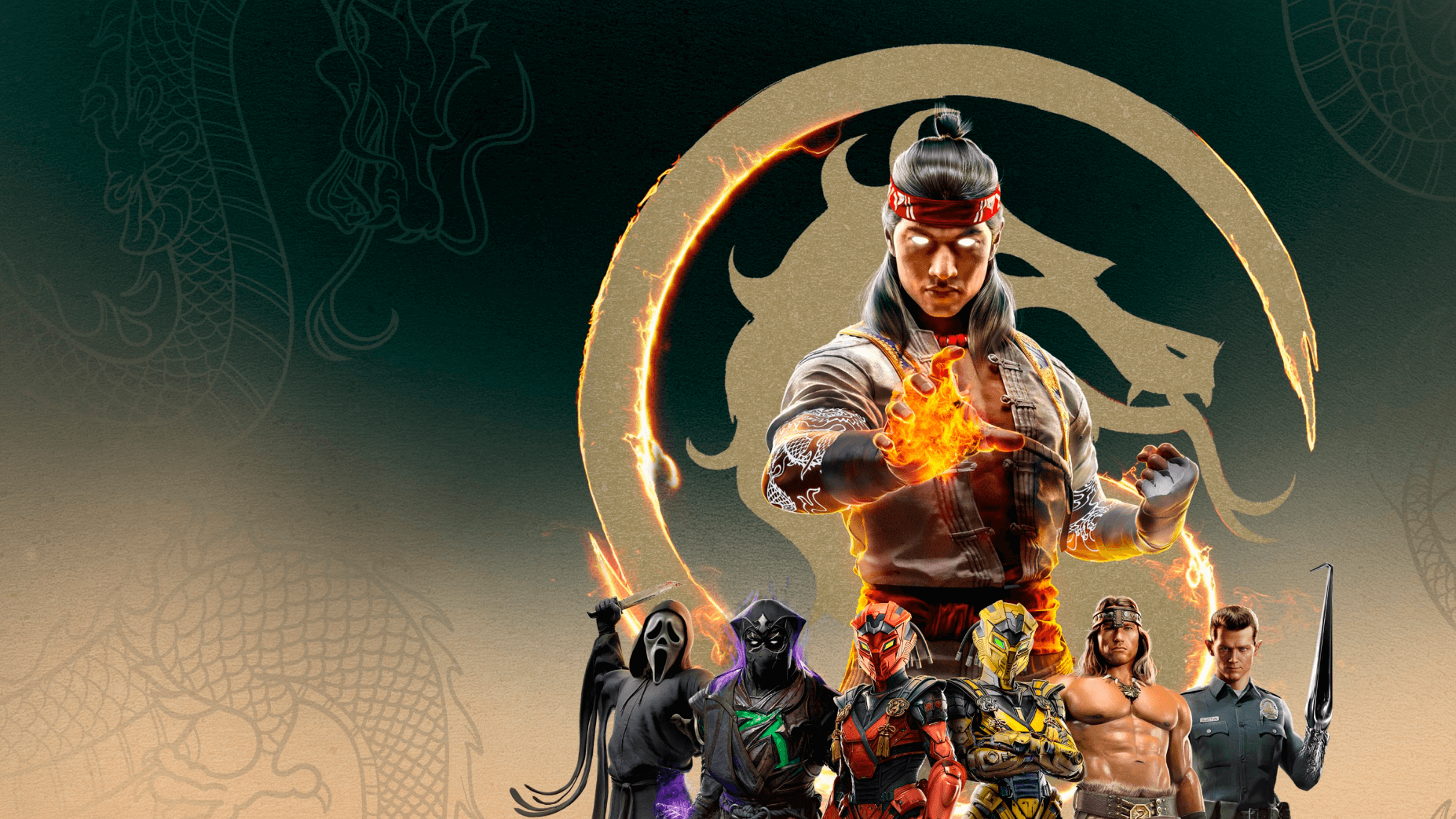 A group of video game characters stand confidently in front of a fiery dragon emblem. The central character has flames in his hands, conveying action and intensity.