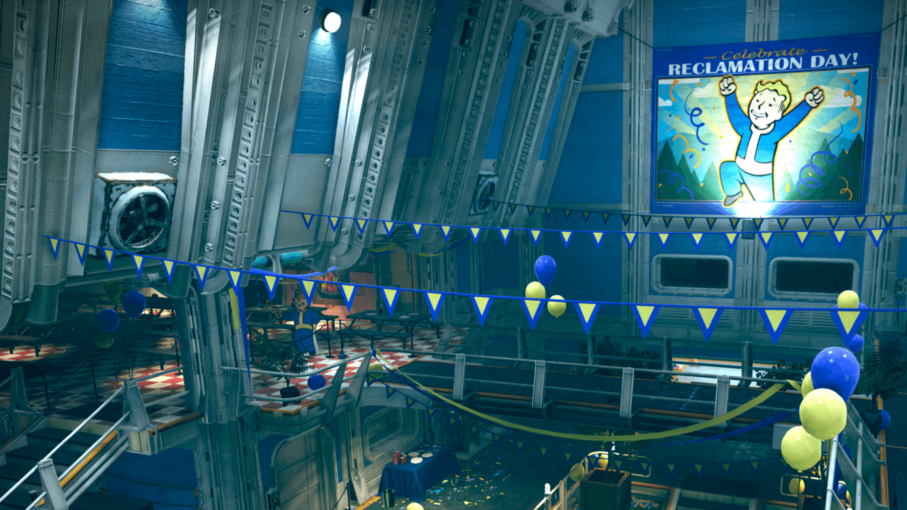 A festive room with blue and yellow streamers, balloons, and a "Reclamation Day" sign featuring a cheerful cartoon character, evoking celebration.
