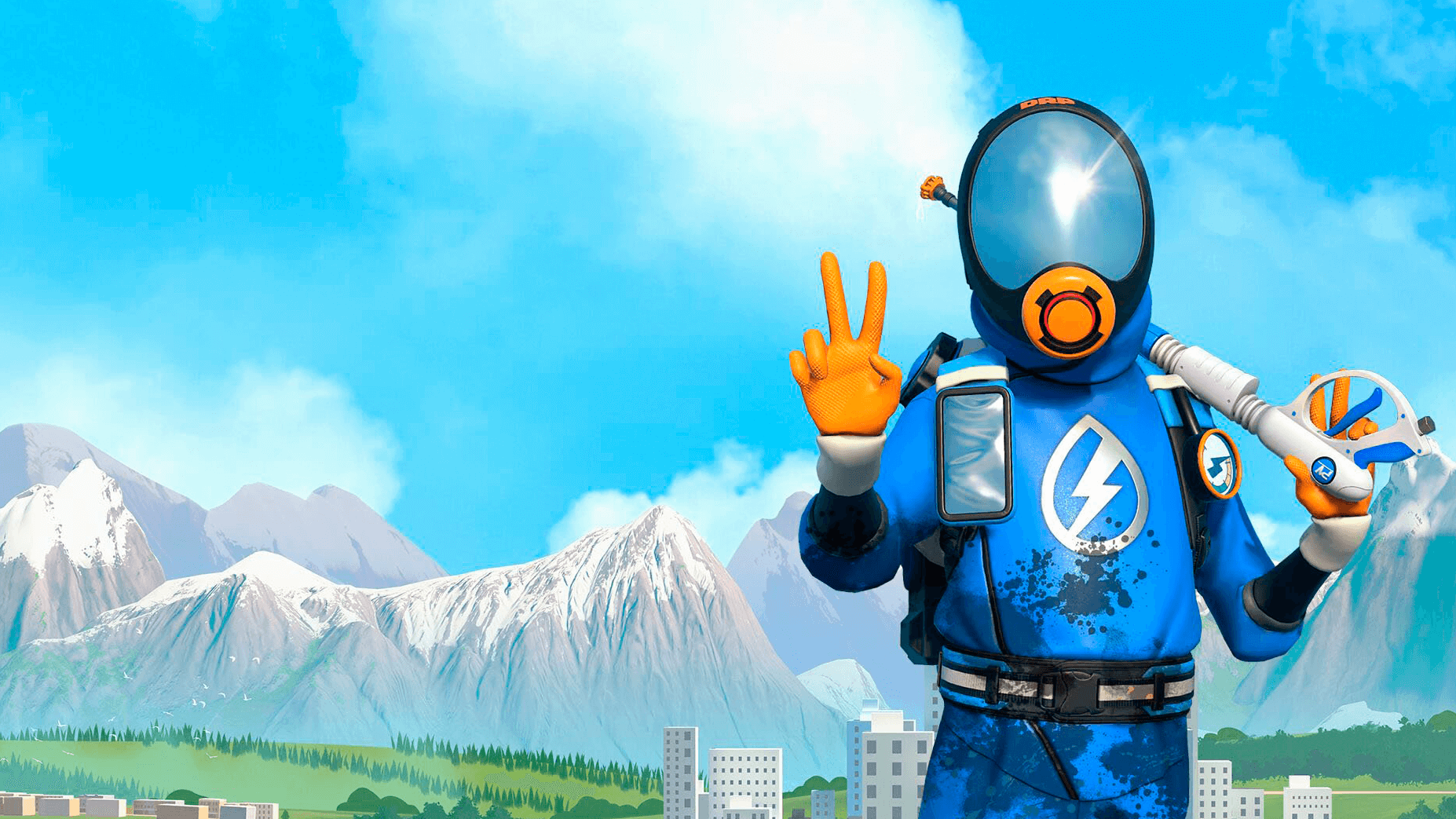 A person in a blue suit with a lightning bolt logo and an orange helmet gives a peace sign with one hand while holding a power-washing tool in the other. In the background are snowy mountains and a cityscape.