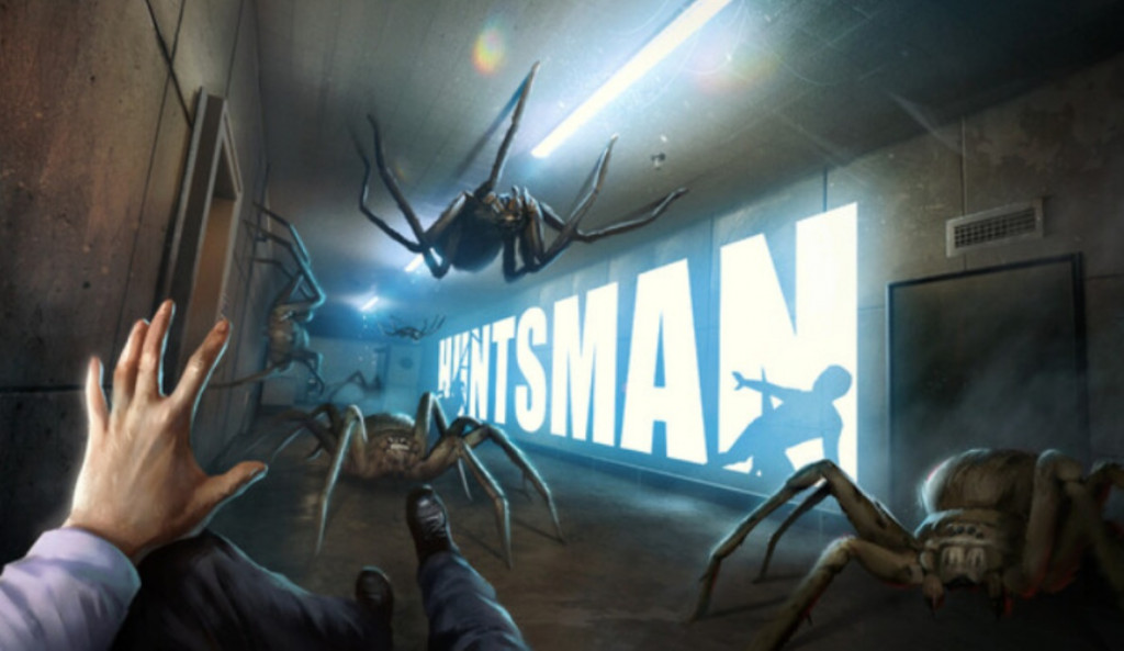 The feature image for the game Huntsman. It shows several brown spiders coming from a corridor, with the titles of the game on a wall. The N has a man in a pose as if he is begging. A hand is also visible in the bottom left corner.