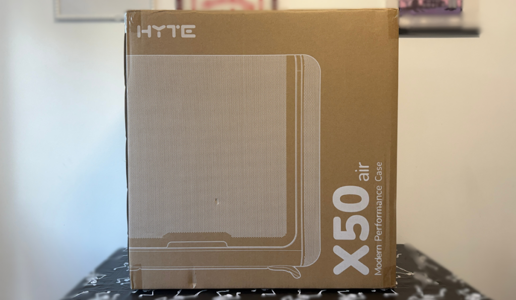 A cardboard box for the HYTE X50 air pc case, featuring a minimalist design and labelled "Modern Performance Case."