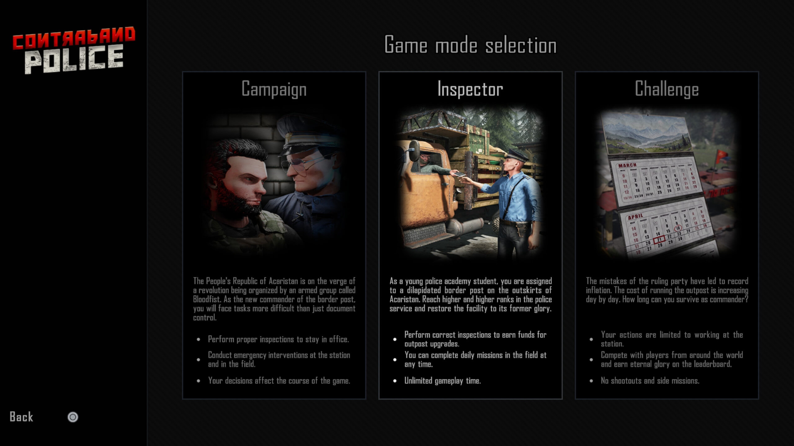 This image shows the game mode selection. Firstly there is campaign, inspector and challenge mode.