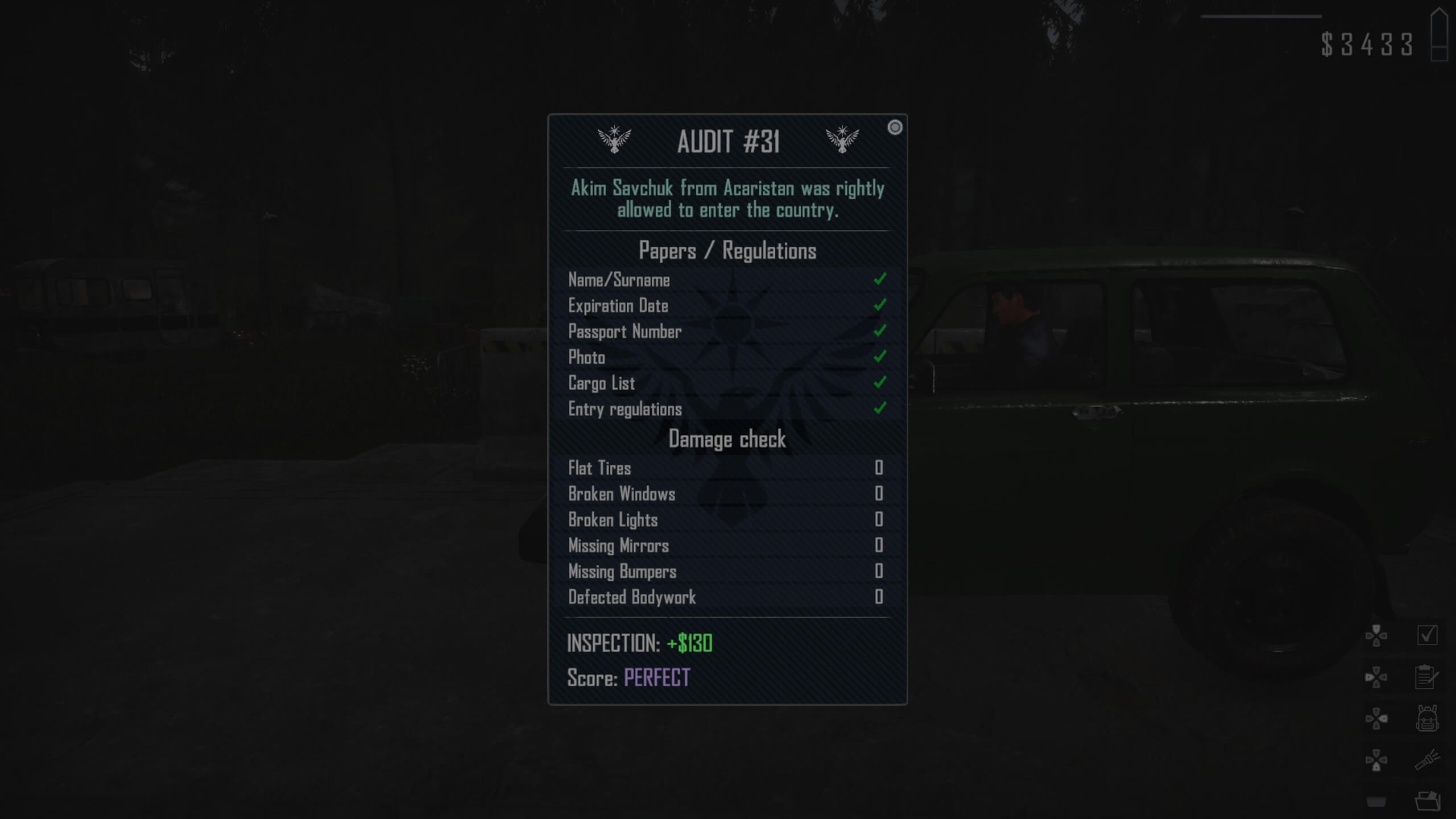 This image shows an audit of a vehicle & documentation check completed. This shows the player getting everything correct with the score of 'perfect'.