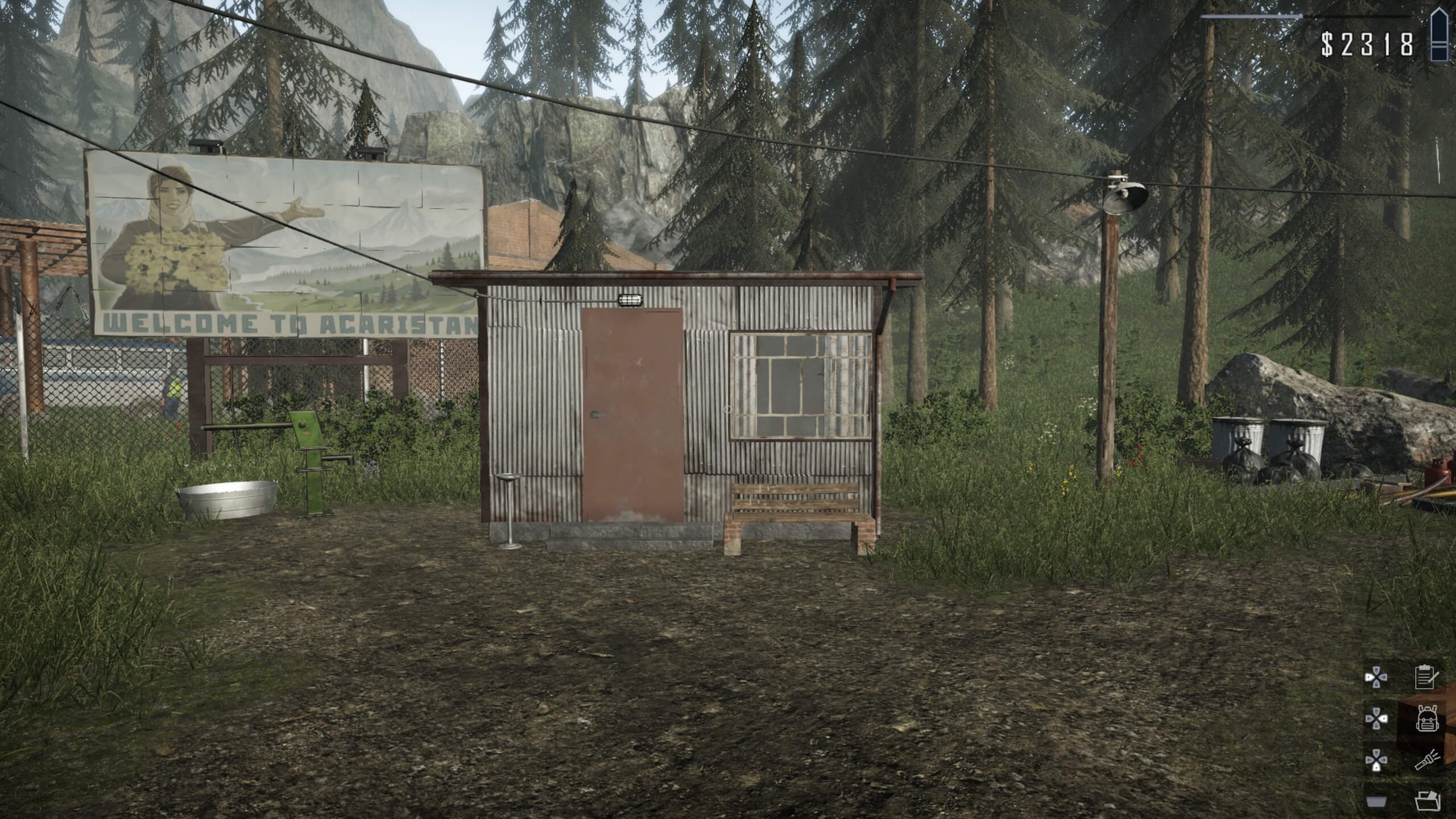 This image shows the players shack, whilst in the background you are surrounded by tall pine trees.