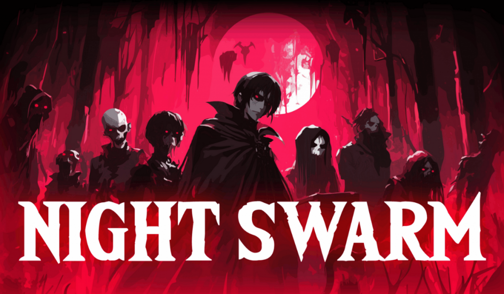 Key art for Night Swarm. Game's text logo appears on an image. A dark silhouette stands among eerie, shadowy figures in a red forest, with a large, glowing moon illuminating the scene.