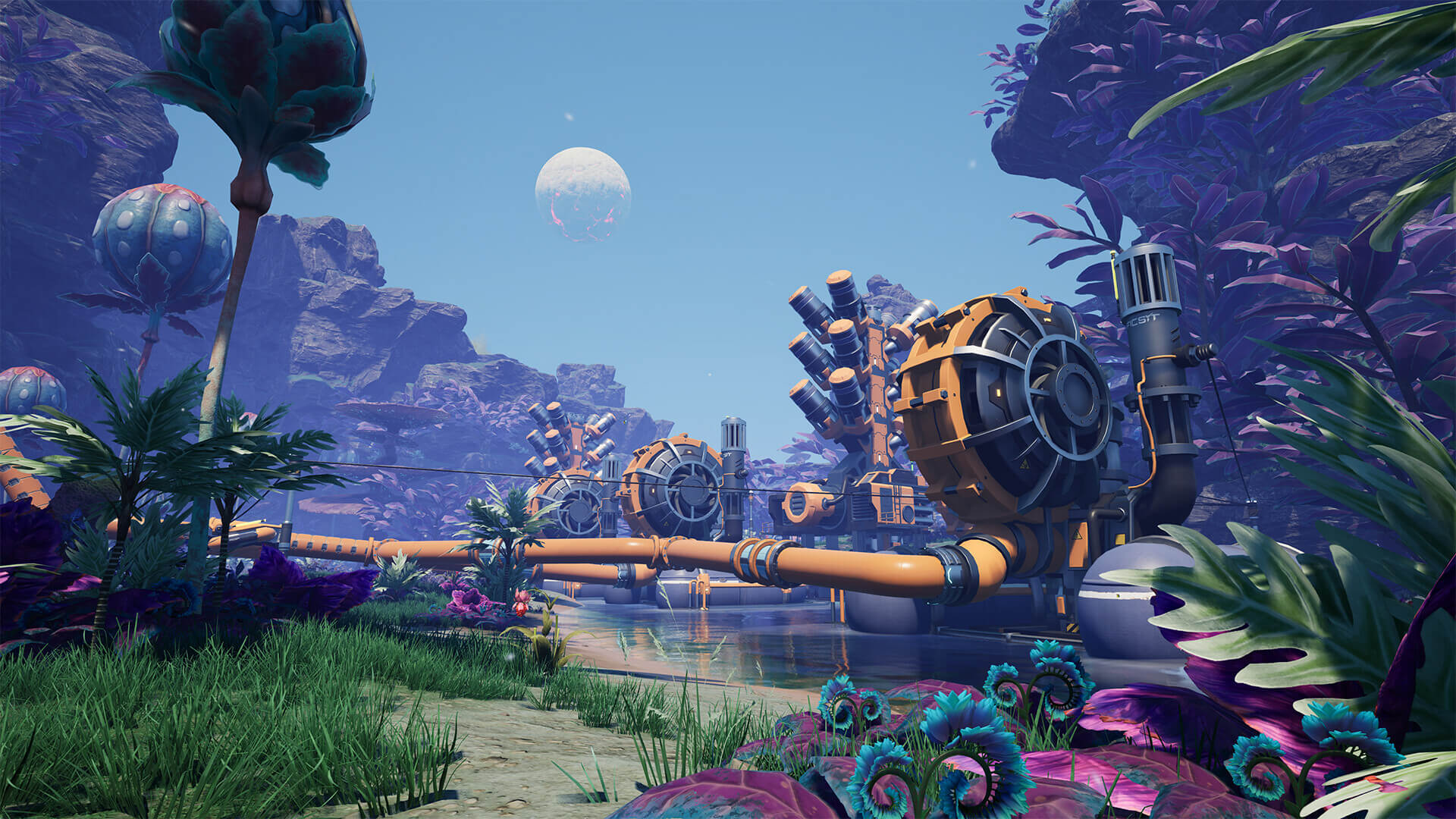 Several generators connected by pipes are placed alongside a river. An alien moon hangs in the clear blue sky.