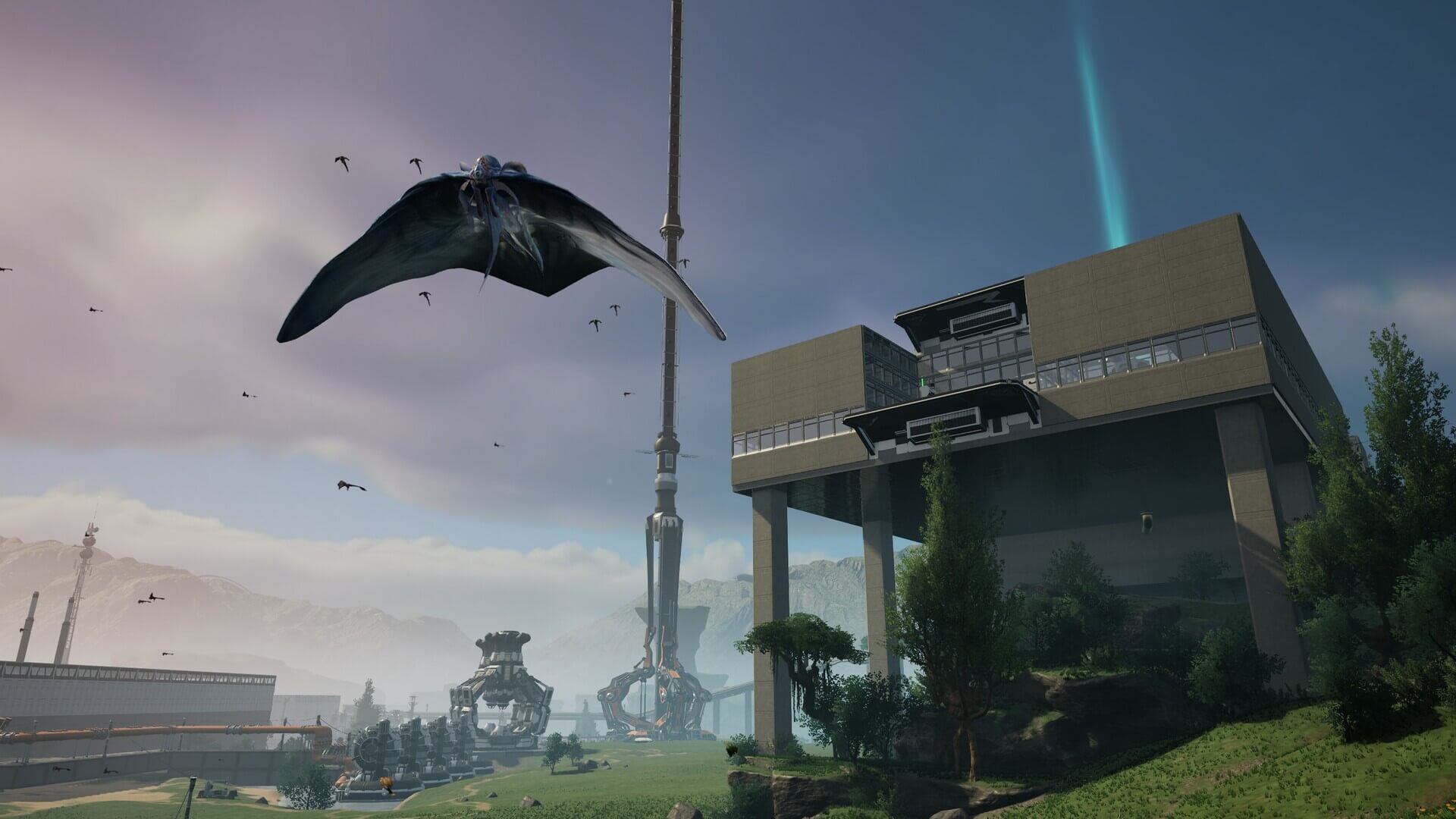 An alien creature soars through an evening sky, above the players created home base.