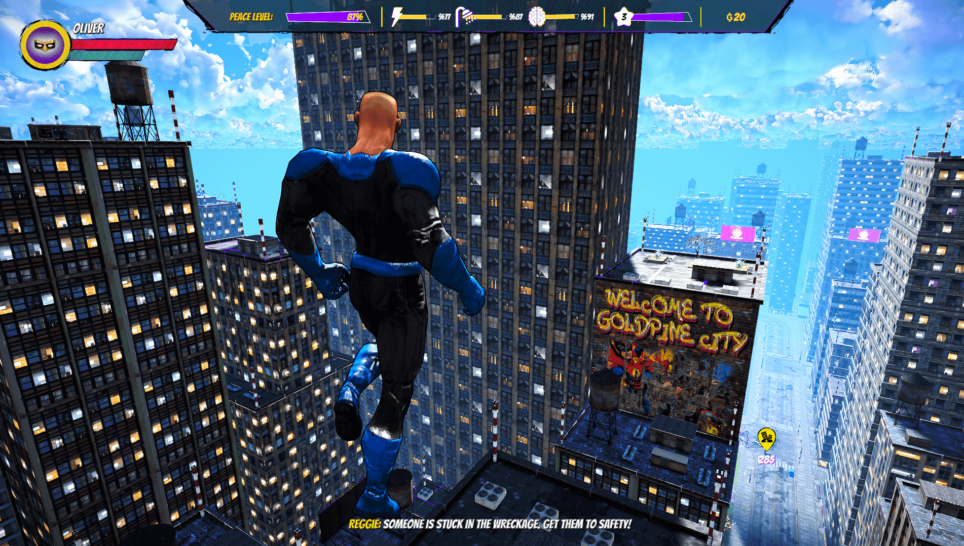 This image shows the character flying, looking out to the city and it's high rise buildings.