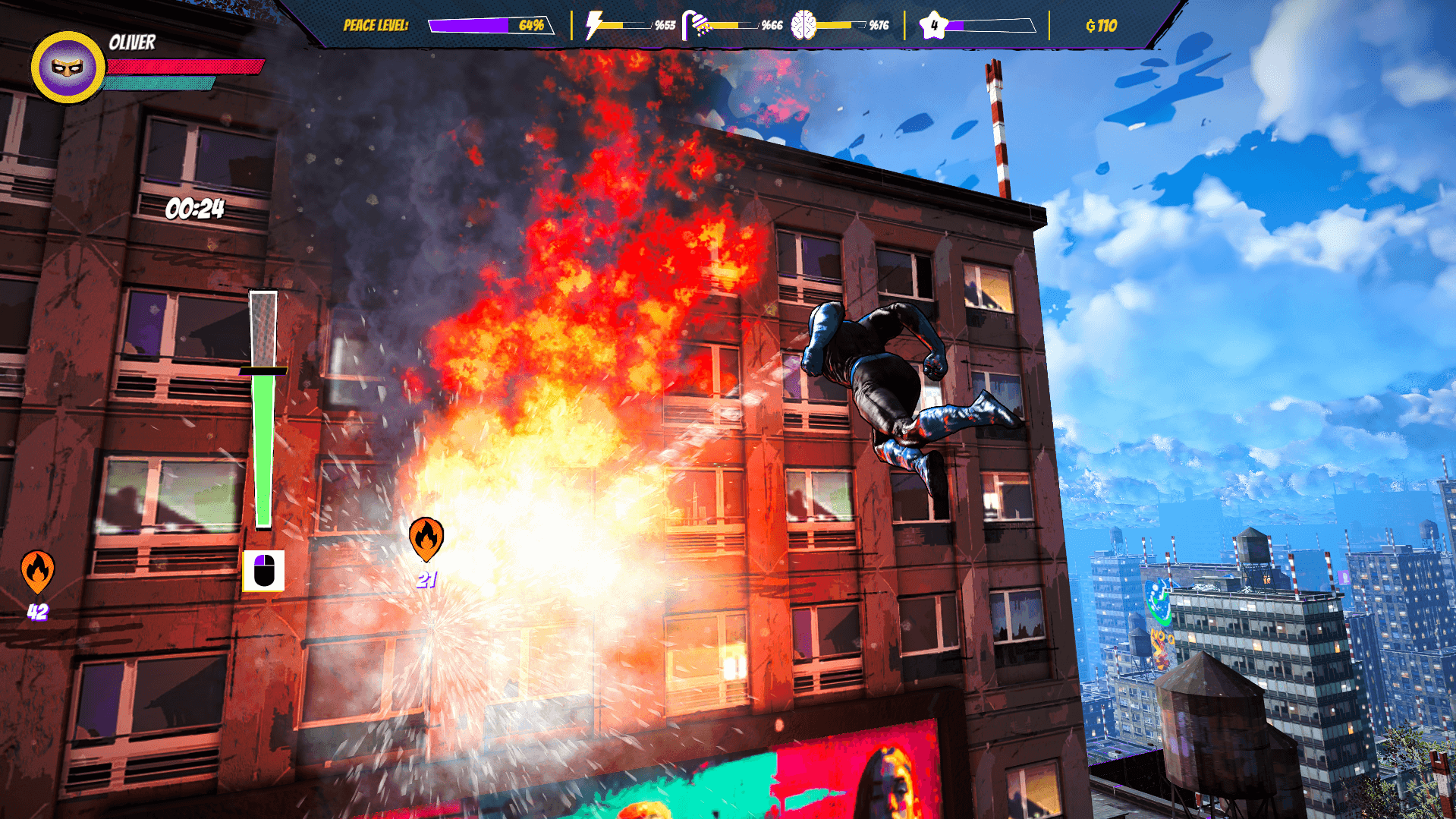 This image shows the character spraying water from his eyes to put out a fire in a high rise block of flats.