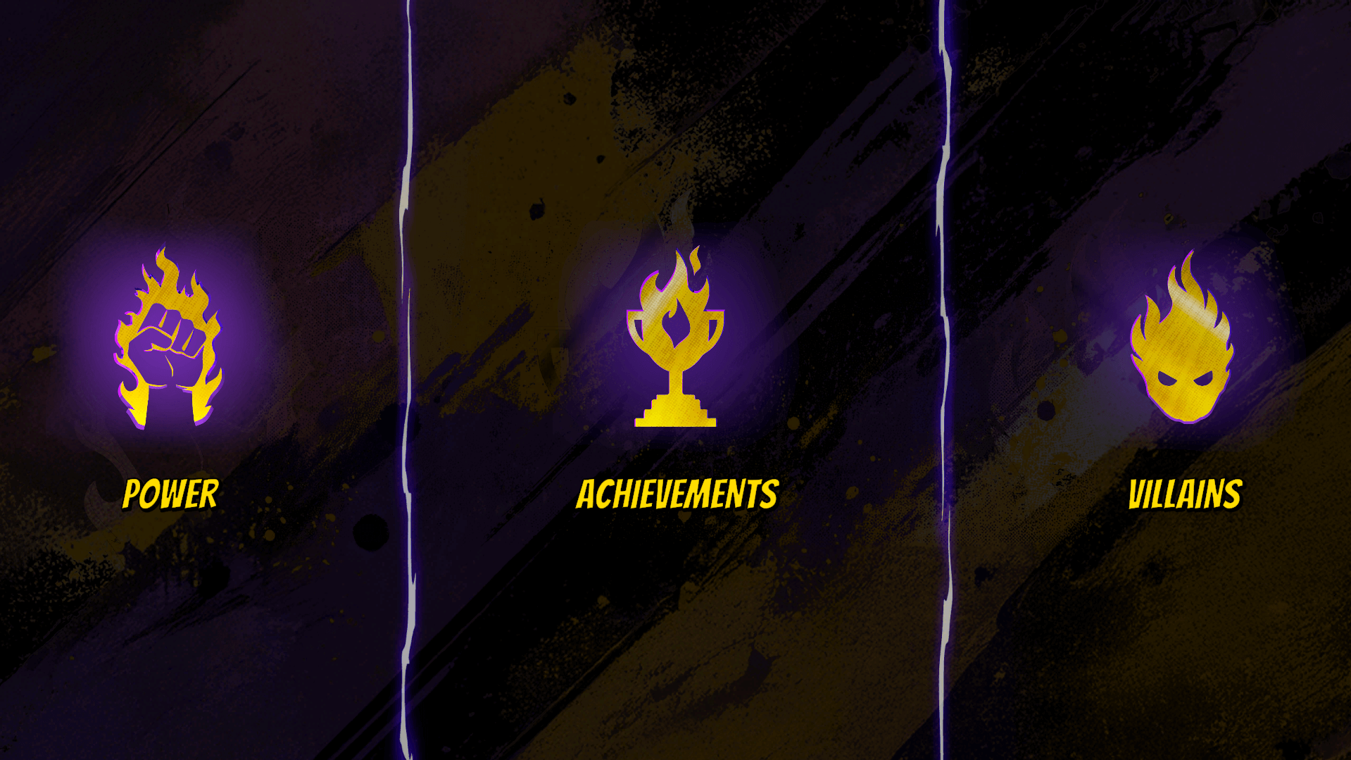 This image shows three icons. To the far left it shows a hand with fire surrounding, and the word 'power'. In the centre a trophy engulfed in flames, with the word 'achievements'. Finally, to the far right there is a head engulfed in flames with the word 'villains' underneath. 